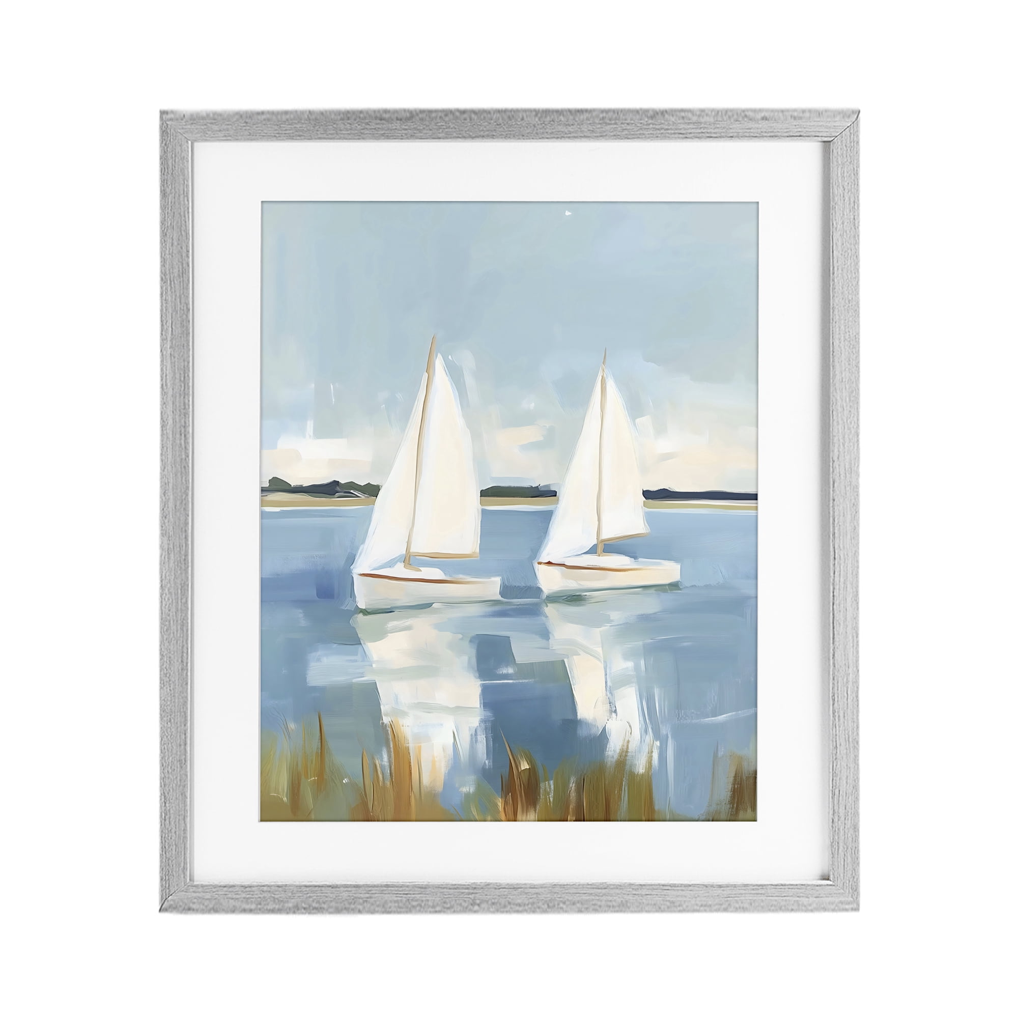 Stupell Industries Twin Sailboats By Shore Gray Framed Print Under Glass, design by The Prints Vibe