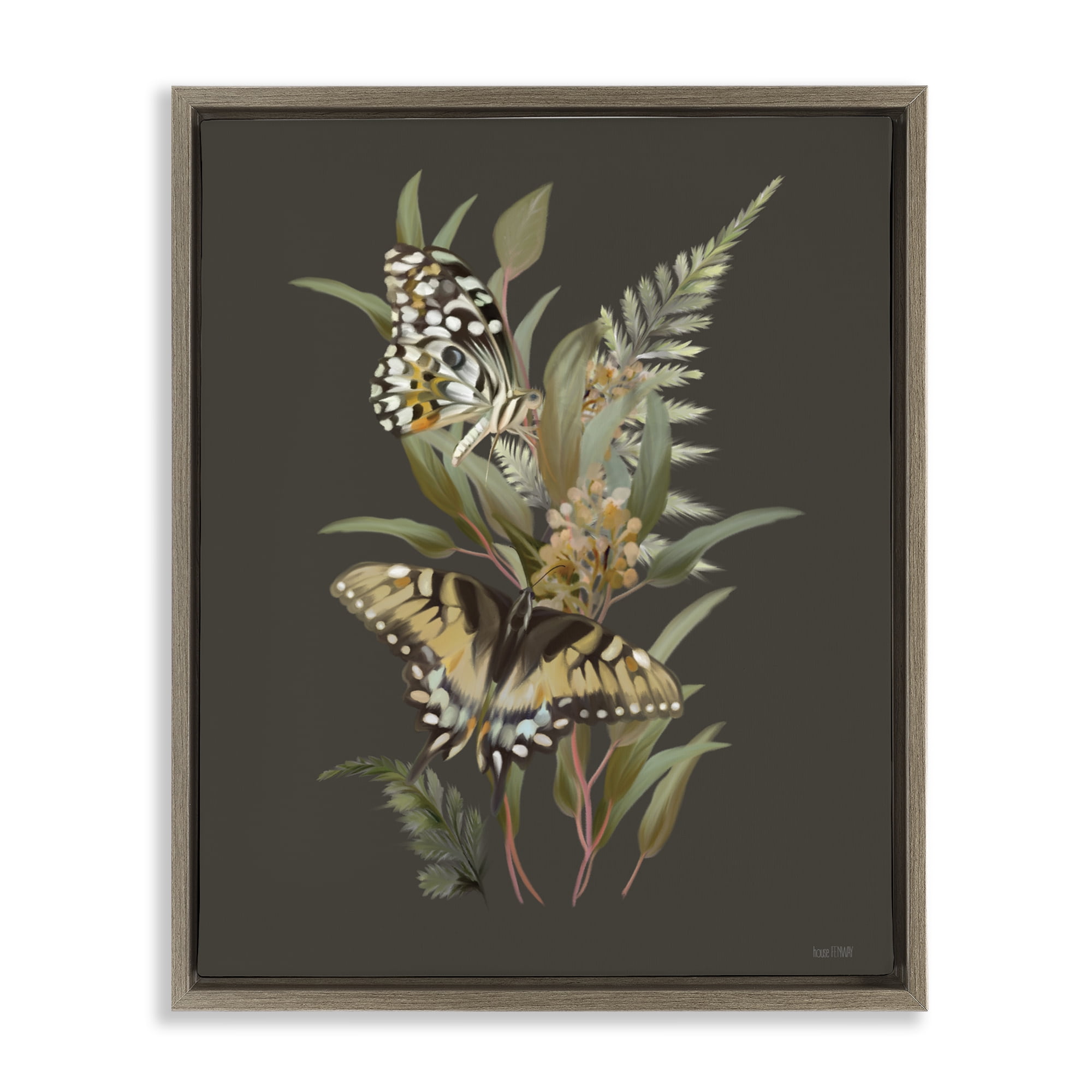 Stupell Industries Twin Swallowtails & Greenery Brown Framed Floater Canvas Wall Art, design by House Fenway