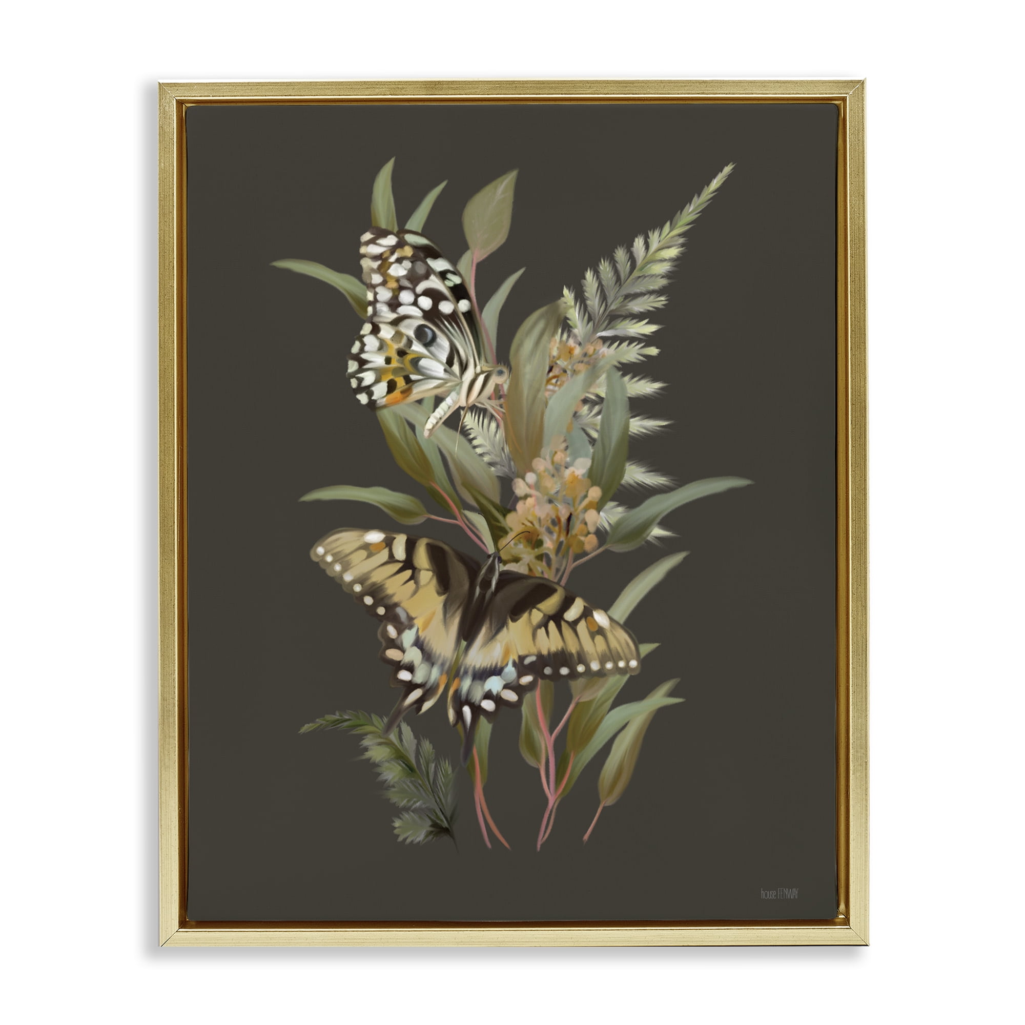 Stupell Industries Twin Swallowtails & Greenery Gold Framed Floater Canvas Wall Art, design by House Fenway