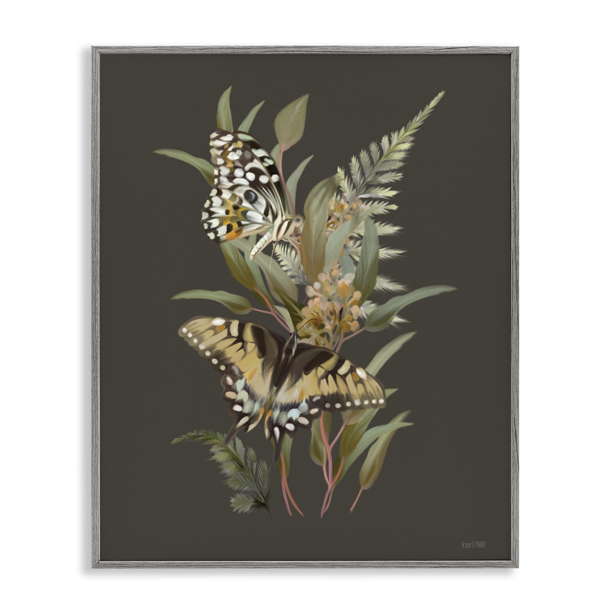 Stupell Industries Twin Swallowtails & Greenery Gray Framed Giclee Art, design by House Fenway