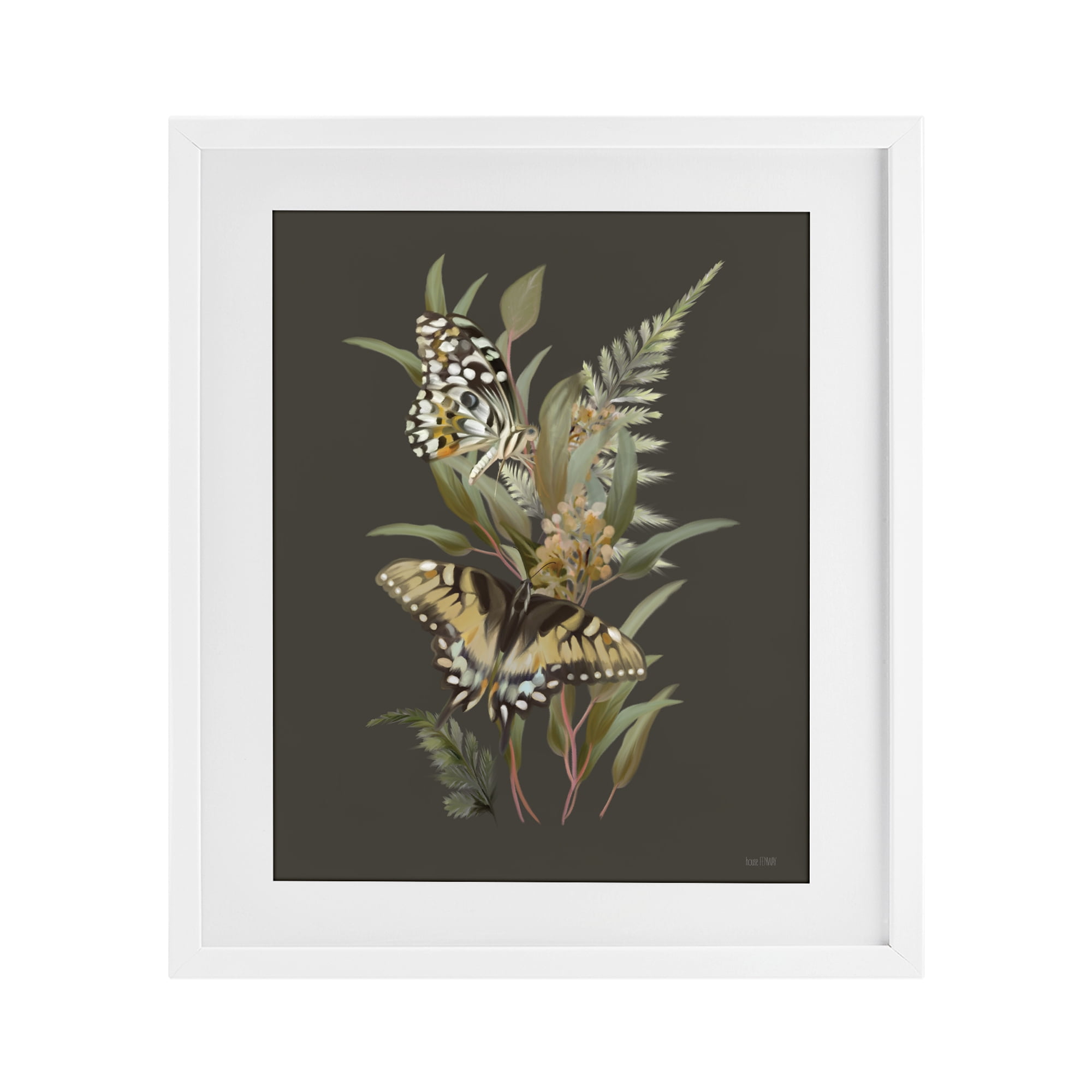 Stupell Industries Twin Swallowtails & Greenery White Framed Print Under Glass, design by House Fenway