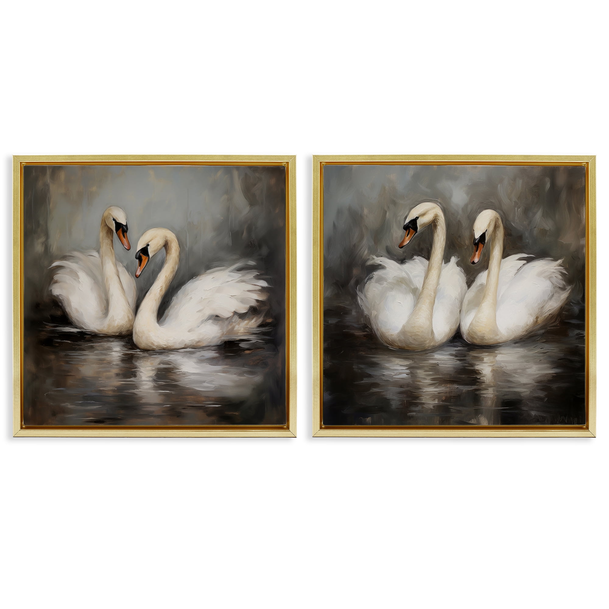 Stupell Industries Twin Swans with Reflections Animals Painting Gold Floater Framed Canvas Art Print Wall Art, 18 x 18, Set of 2