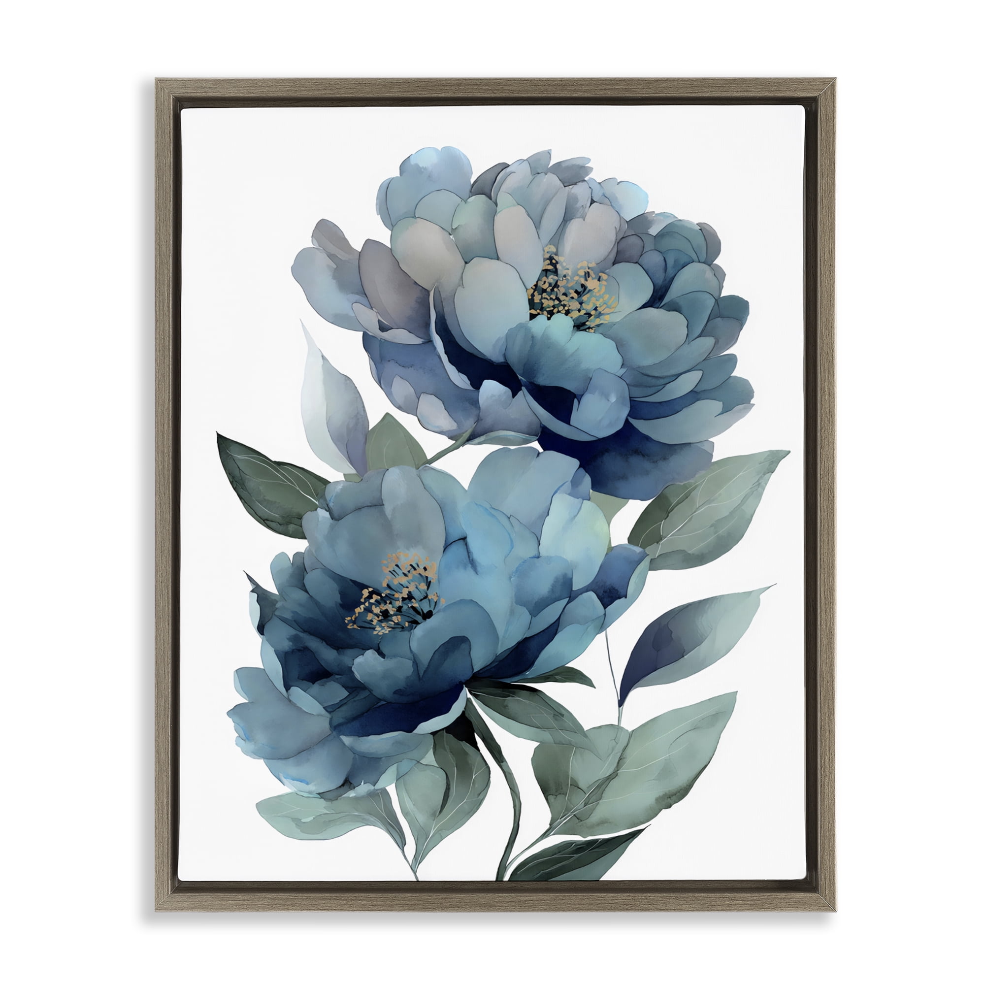 Stupell Industries Two Blue Flowers Serene Peonies Brown Framed Floater Canvas Wall Art, design by Franklyn Gregory