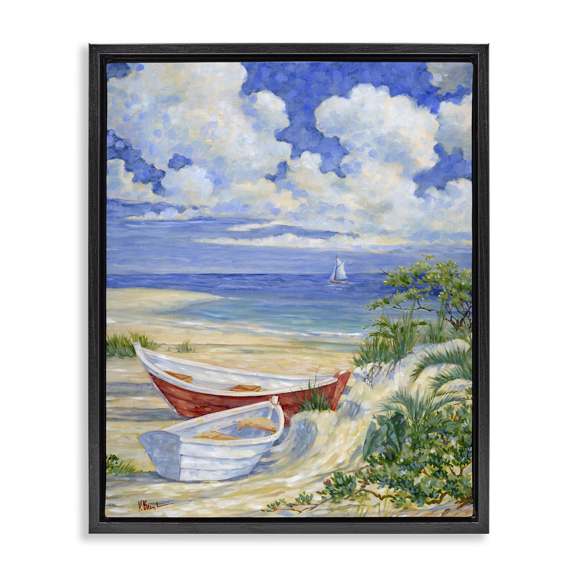 Stupell Industries Two Boats on Sand Transportation Painting Black Floater Framed Canvas Art Print Wall Art, 25 x 31