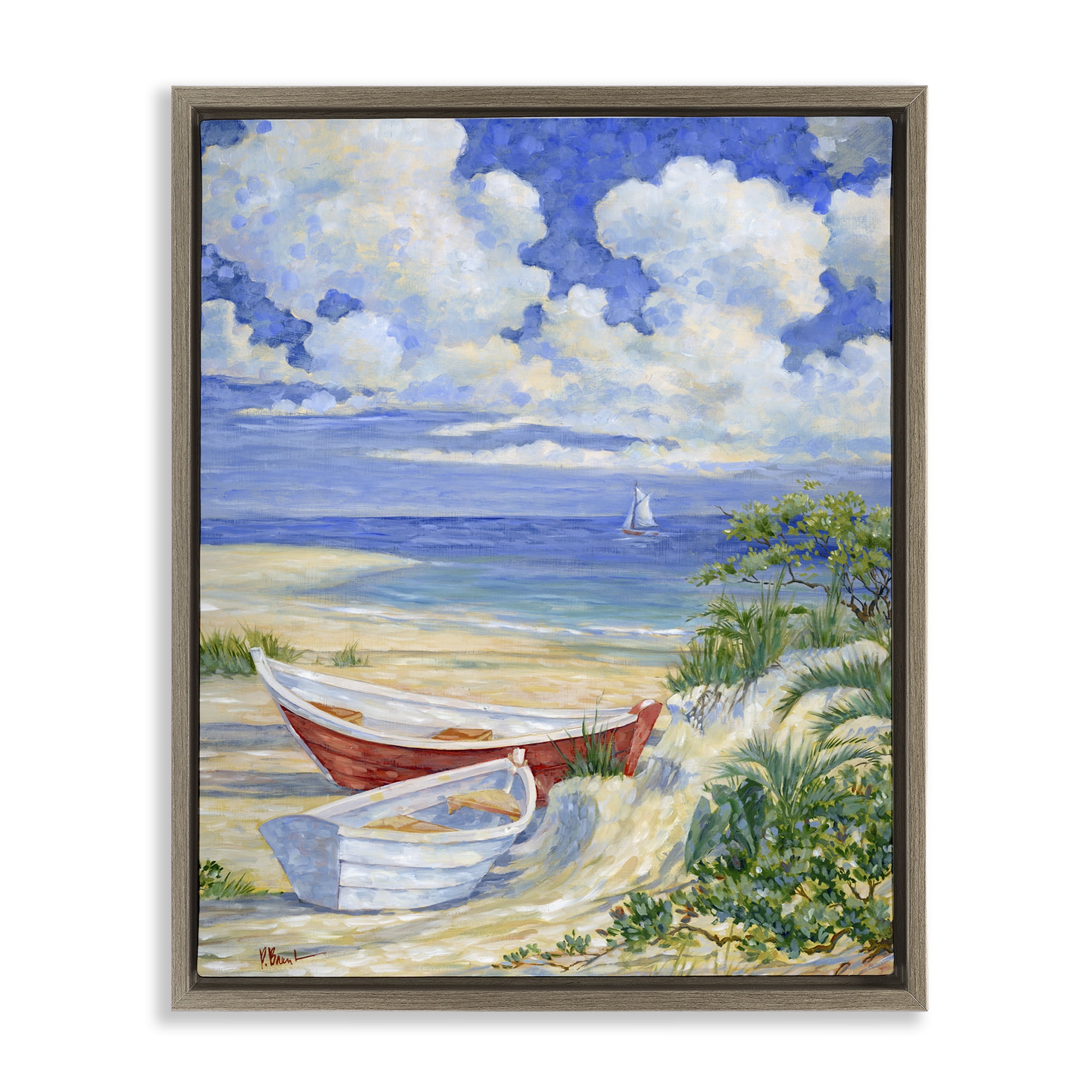 Stupell Industries Two Boats on Sand Transportation Painting Brown Floater Framed Canvas Art Print Wall Art, 17 x 21