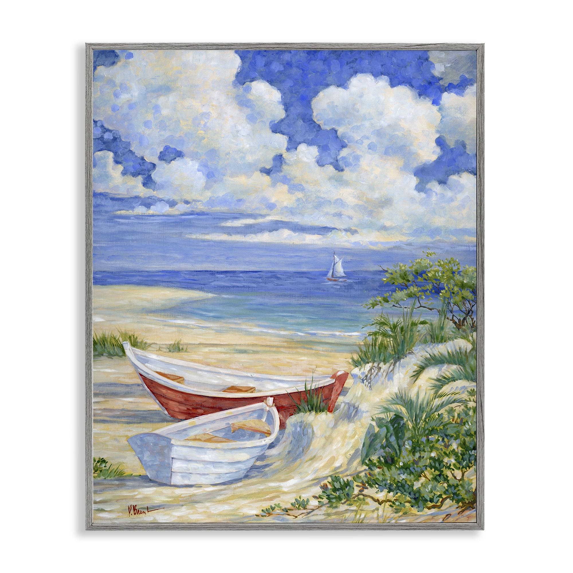 Stupell Industries Two Boats on Sand Transportation Painting Gray Framed Art Print Wall Art, 11 x 14