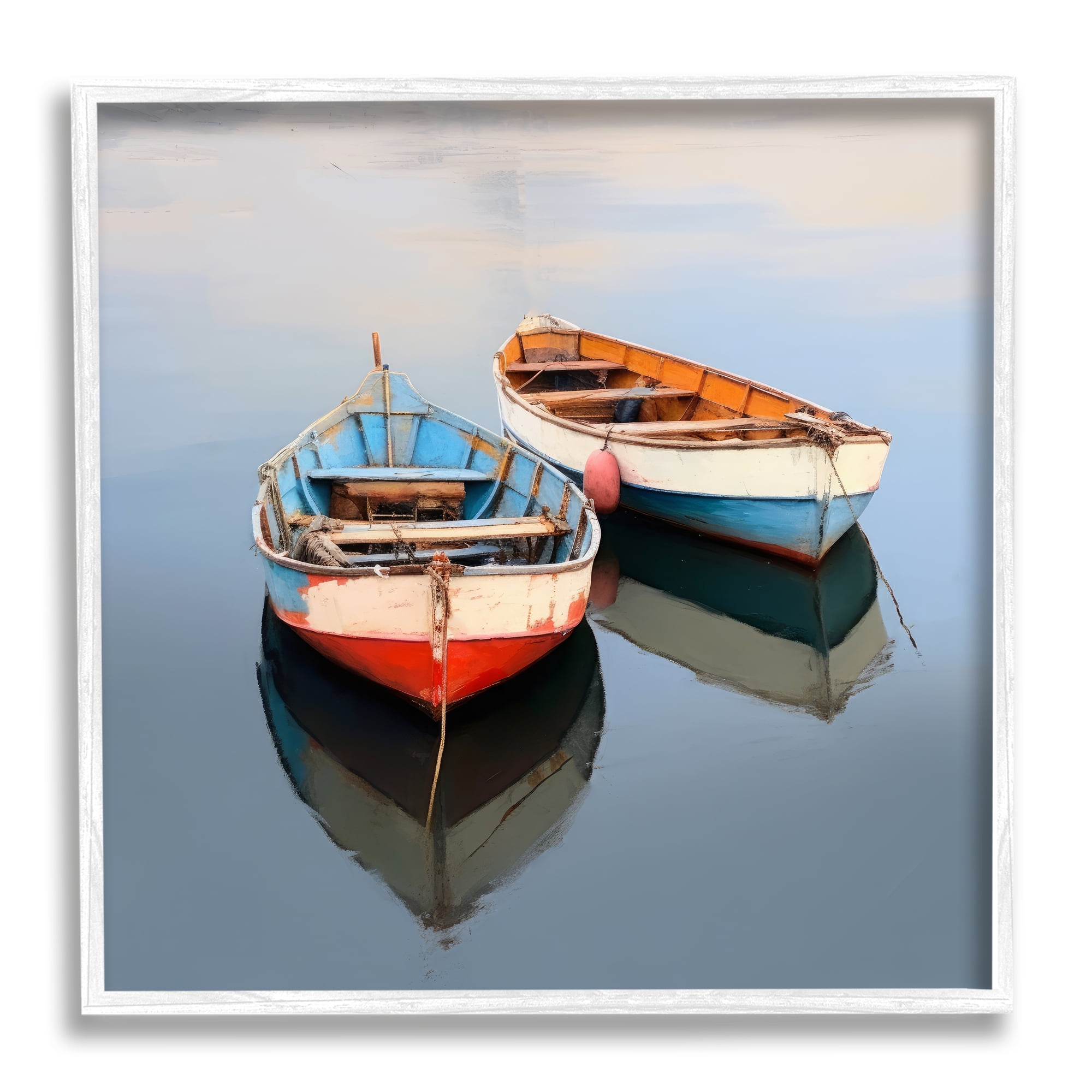 Two Canoes in Lake Landscape Canvas Print with White Frame
