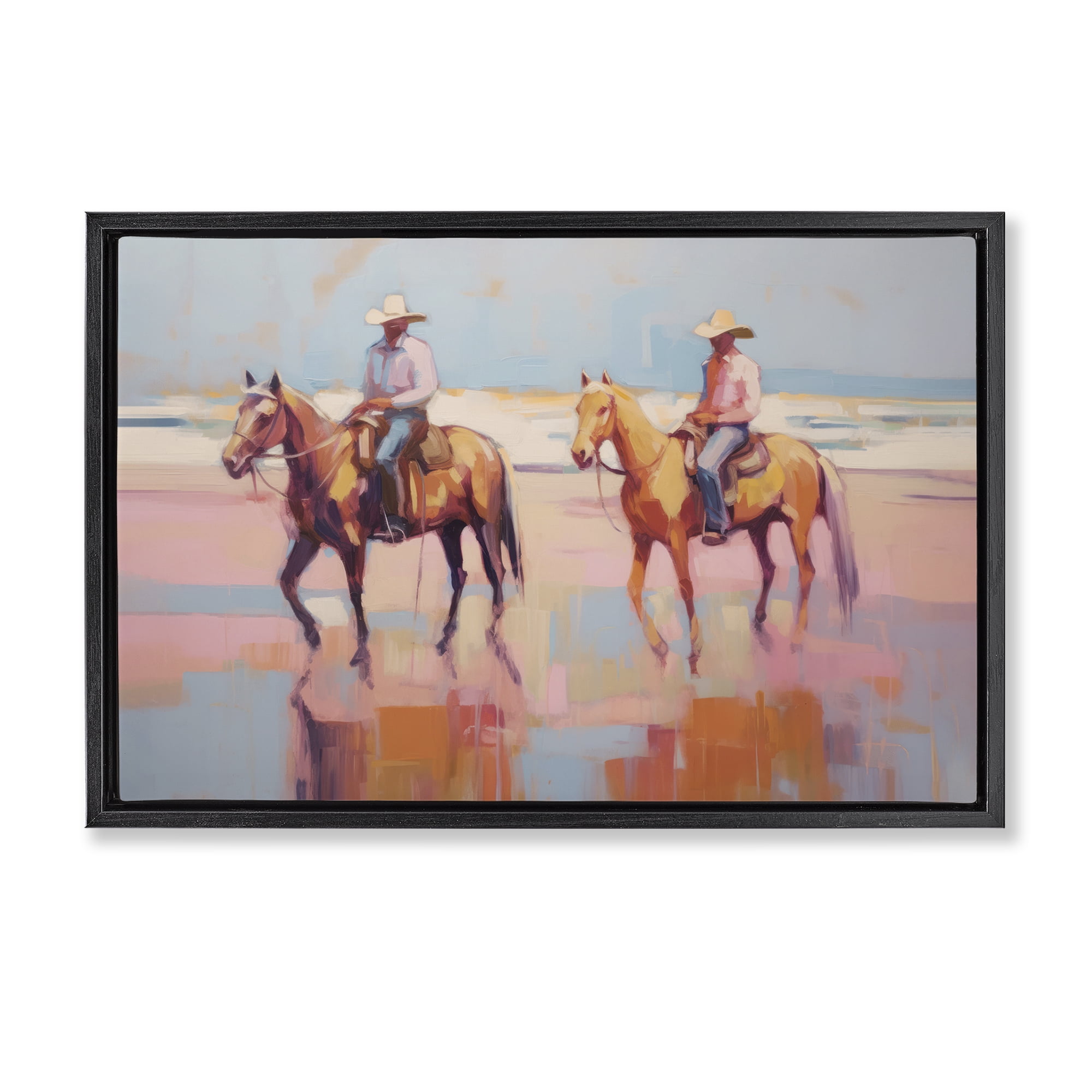 Stupell Industries Two Cowboys in Creek People Painting Black Floater Framed Canvas Art Print Wall Art, 31 x 21