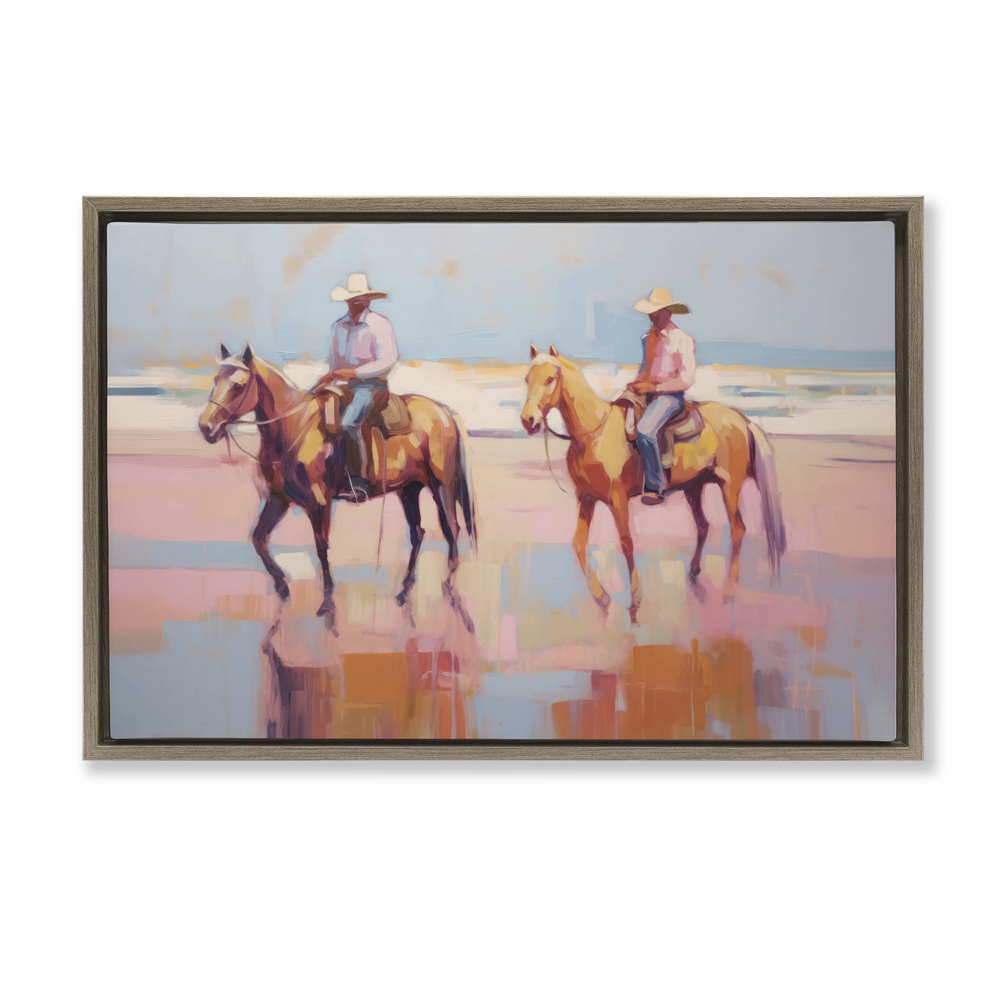 Stupell Industries Two Cowboys in Creek People Painting Brown Floater Framed Canvas Art Print Wall Art, 25 x 17