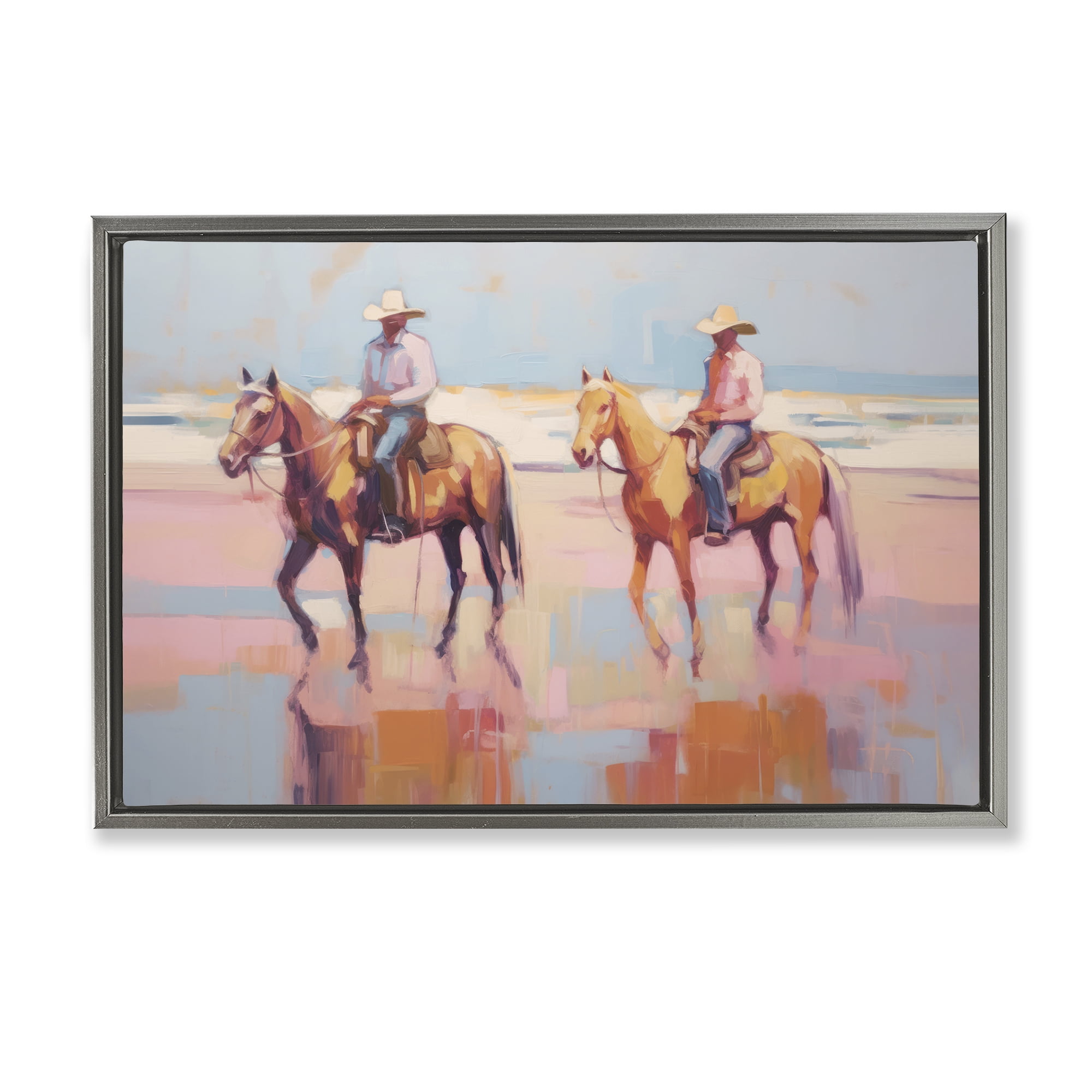 Stupell Industries Two Cowboys in Creek People Painting Gray Floater Framed Canvas Art Print Wall Art, 31 x 21