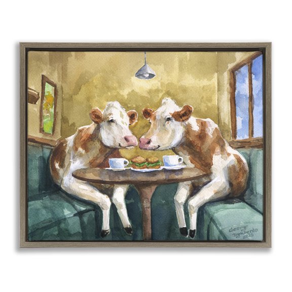Stupell Industries Two Cows Cafe Brunch Brown Framed Floater Canvas Wall Art, design by George Dyachenko