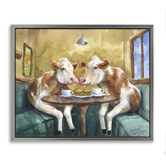 Stupell Industries Farmhouse Two Cows Cafe Brunch Gray Floating Frame Canvas Art, 31 x 25, by George Dyachenko
