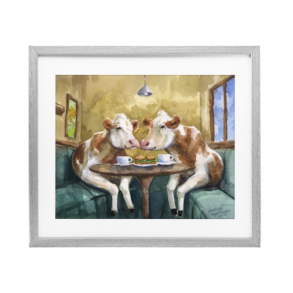 Stupell Industries Two Cows Cafe Brunch Gray Framed Print Under Glass, design by George Dyachenko