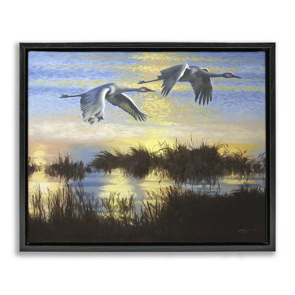 Stupell Industries Two Cranes Over Lake Landscape Painting Black Floater Framed Canvas Art Print Wall Art, 21 x 17
