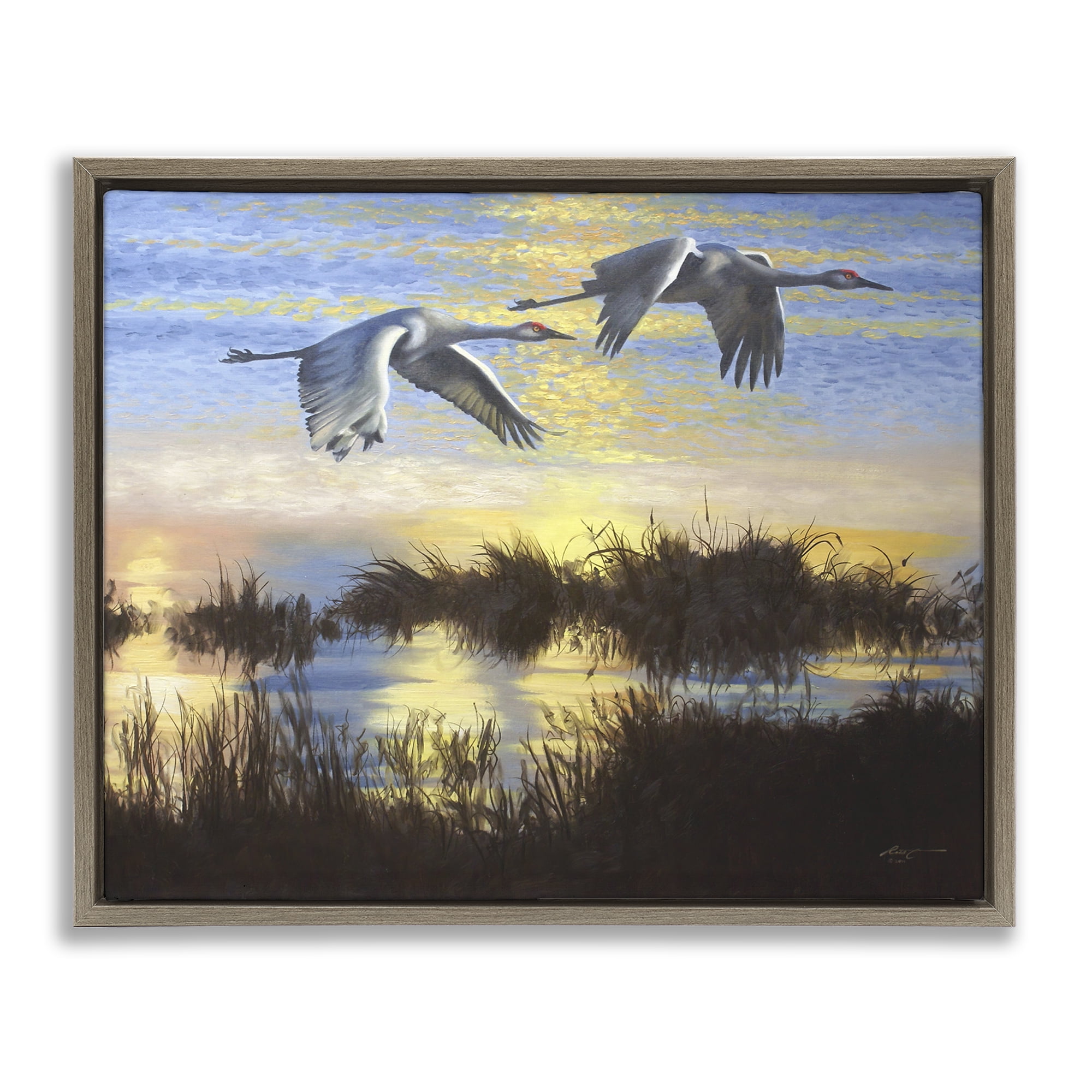 Stupell Industries Two Cranes Over Lake Landscape Painting Brown Floater Framed Canvas Art Print Wall Art, 31 x 25