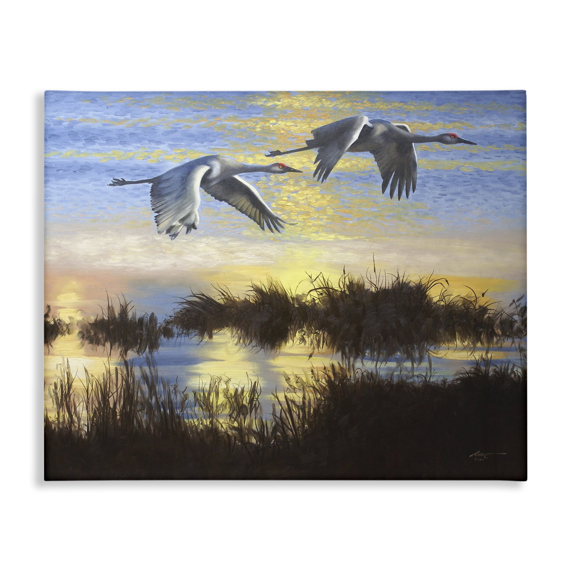 Stupell Industries Two Cranes Over Lake Landscape Painting Gallery Wrapped Canvas Art Print Wall Art, 40 x 30