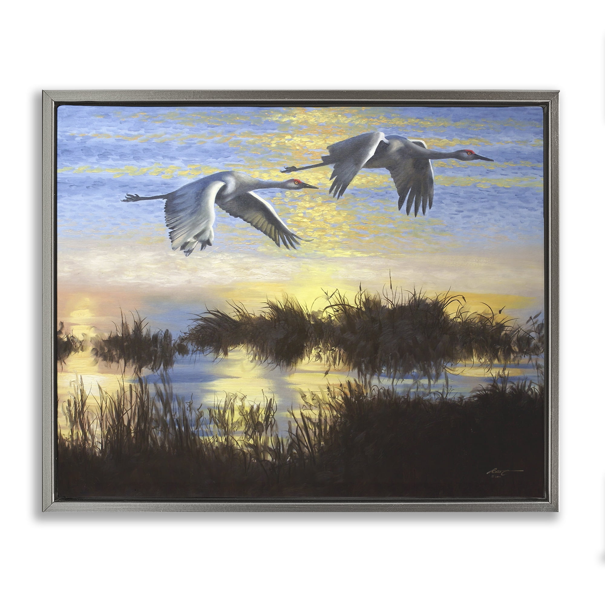Stupell Industries Two Cranes Over Lake Landscape Painting Gray Floater Framed Canvas Art Print Wall Art, 21 x 17