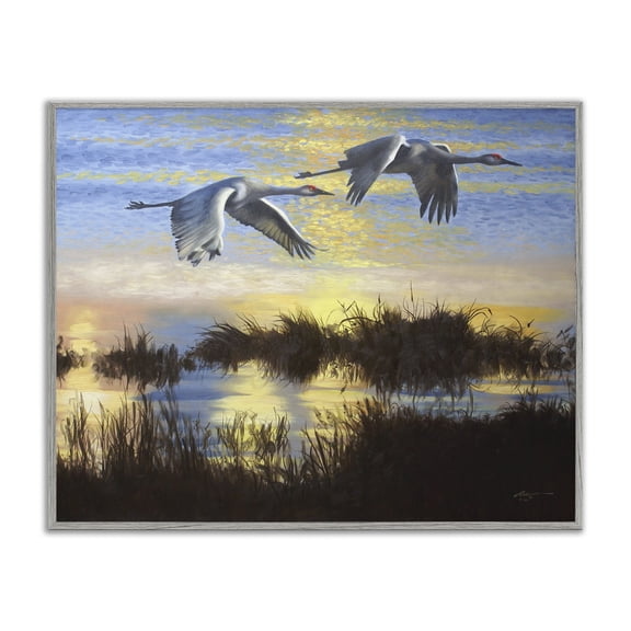 Stupell Industries Two Cranes Over Lake Landscape Painting Gray Framed Art Print Wall Art, 14 x 11