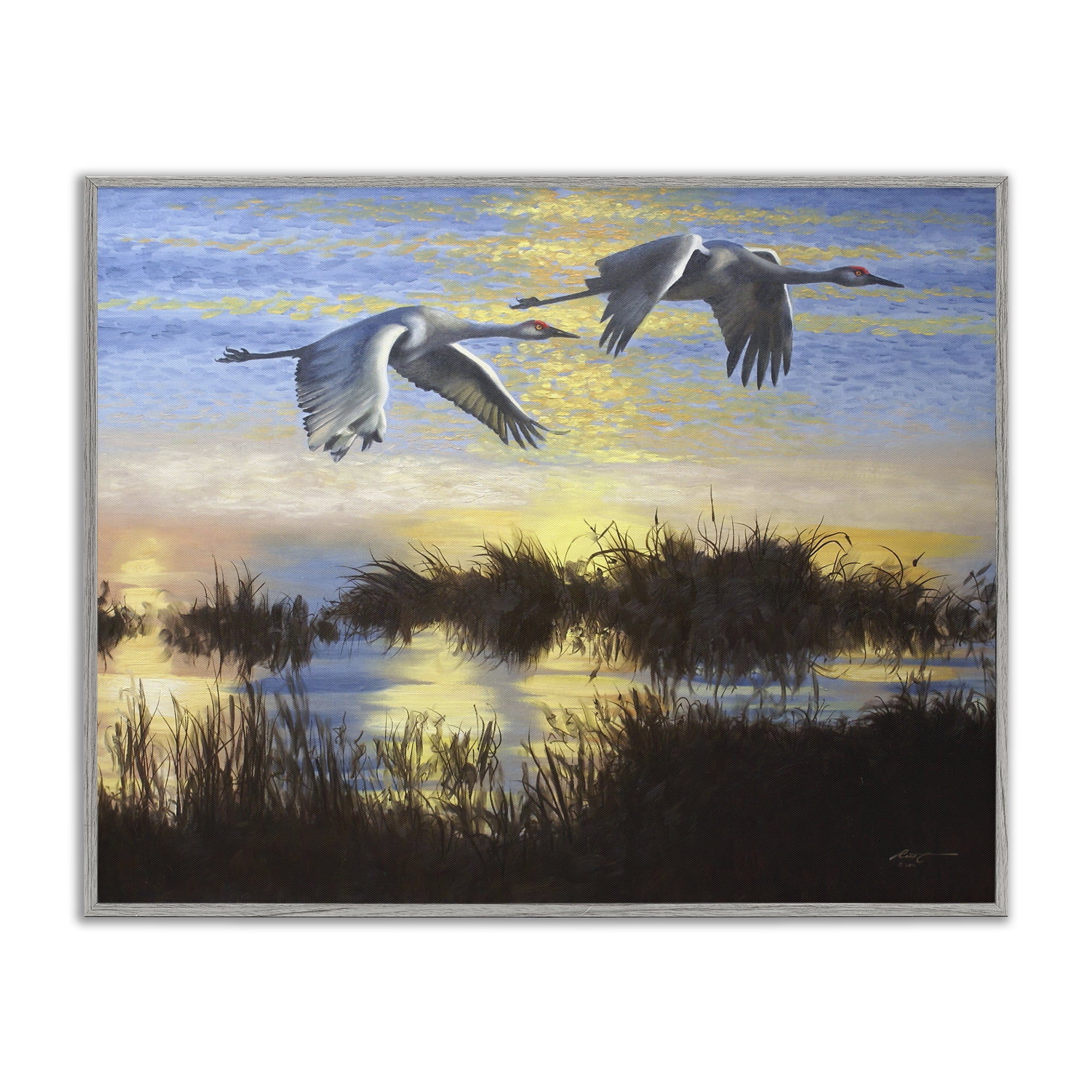Stupell Industries Two Cranes Over Lake Landscape Painting Gray Framed Art Print Wall Art, 30 x 24