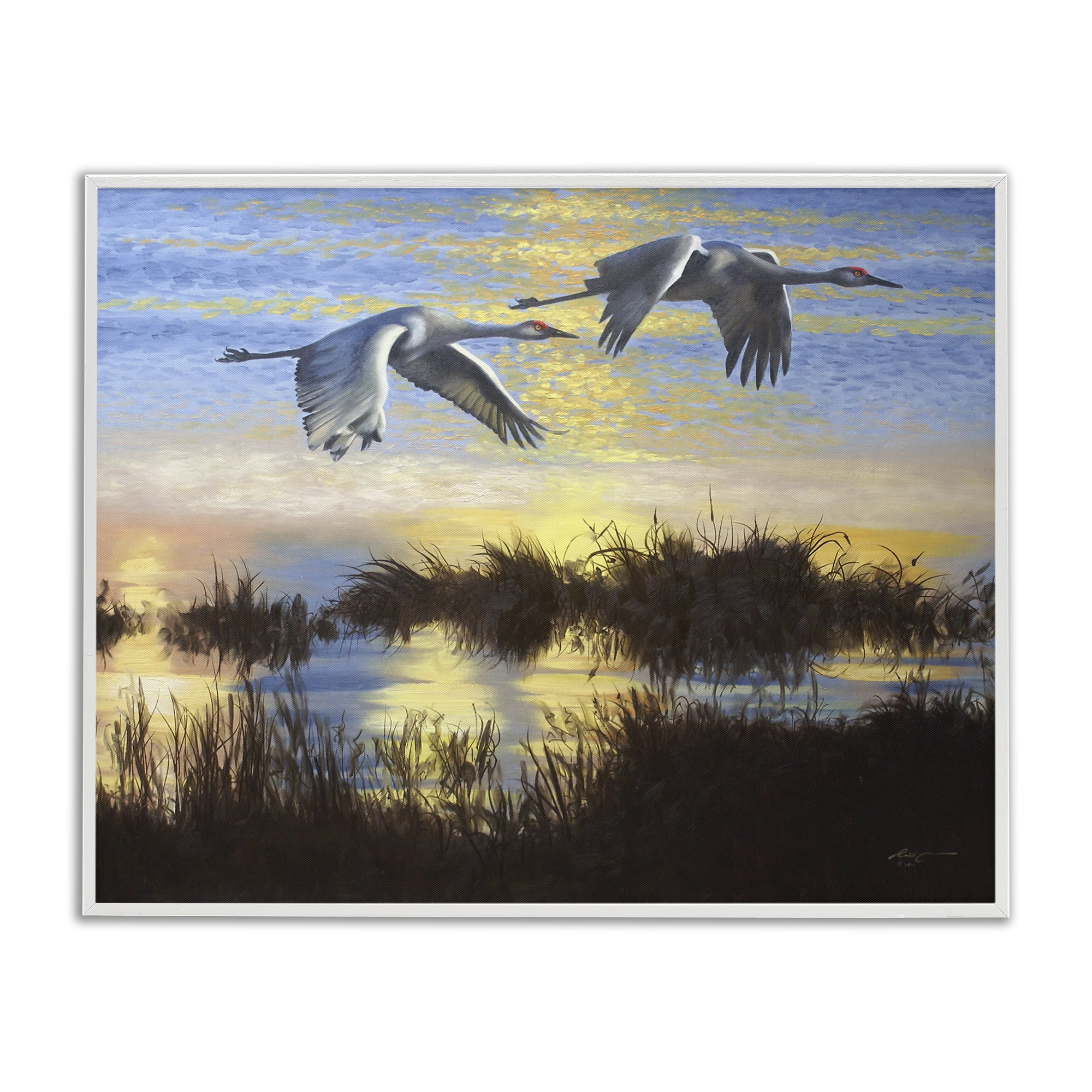 Stupell Industries Two Cranes Over Lake Landscape Painting White Framed Art Print Wall Art, 14 x 11