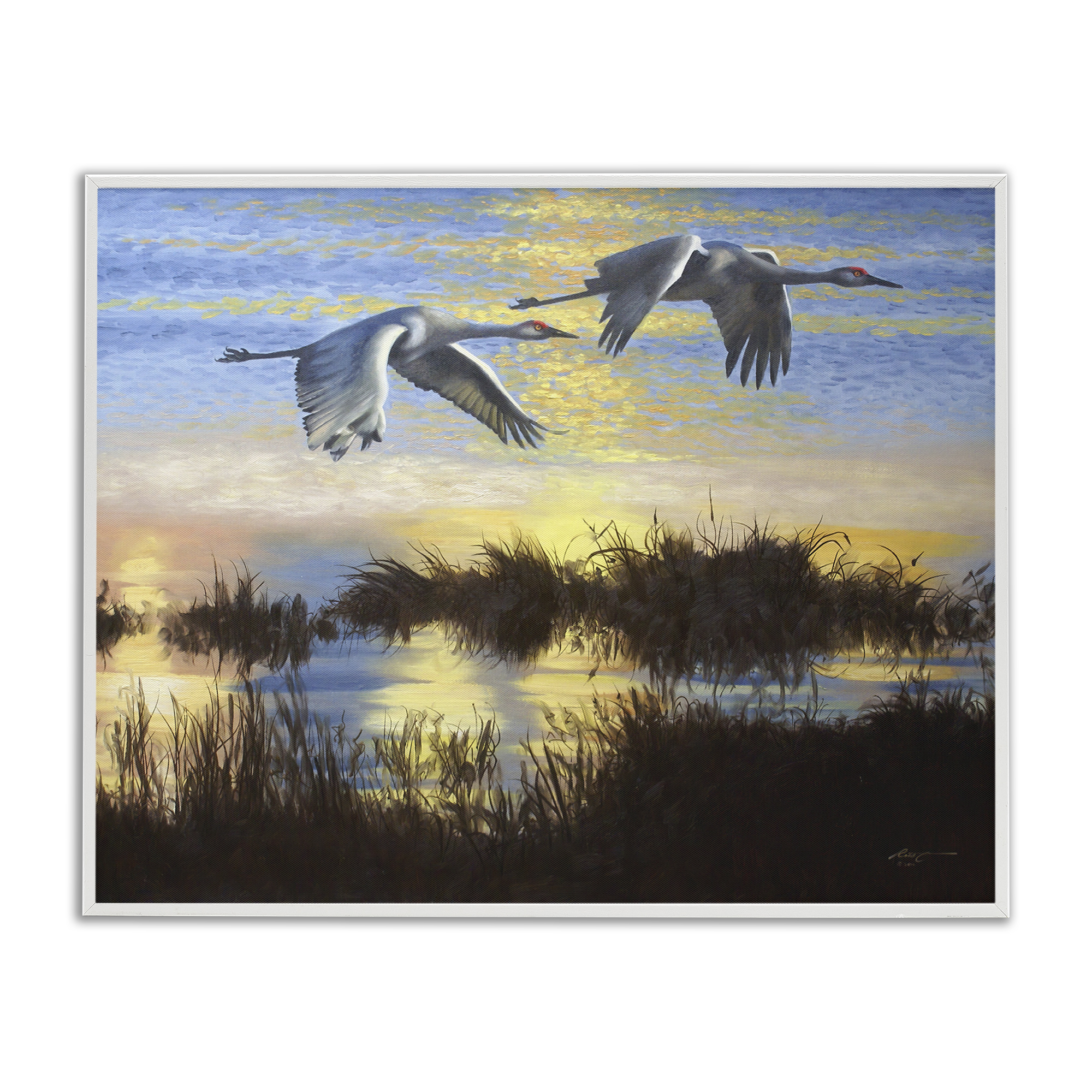 Stupell Industries Two Cranes Over Lake Landscape Painting White Framed Art Print Wall Art, 20 x 16