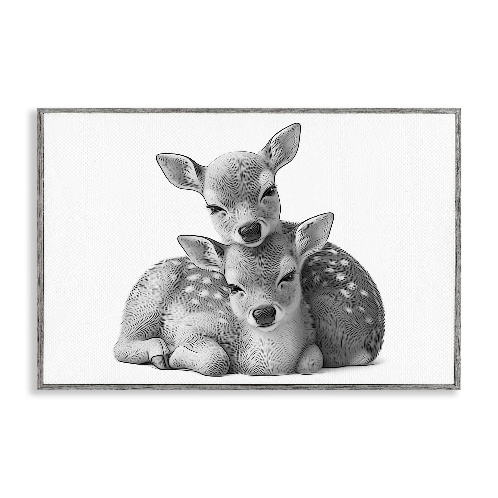 Stupell Industries Two Cuddling Fawns Animals & Insects Painting Gray Framed Art Print Wall Art, 24 x 16