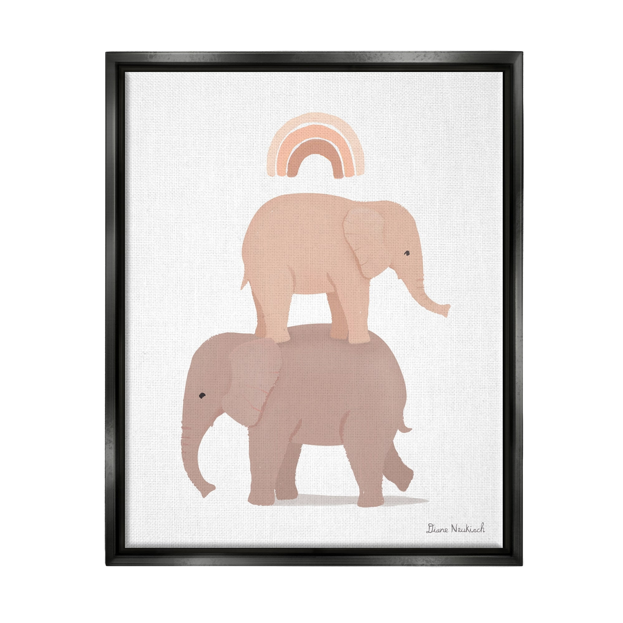 Stupell Industries Two Elephants Standing Under Rainbow Neutral Tones Graphic Art Jet Black Floating Framed Canvas Print Wall Art, Design by Diane Neukirch