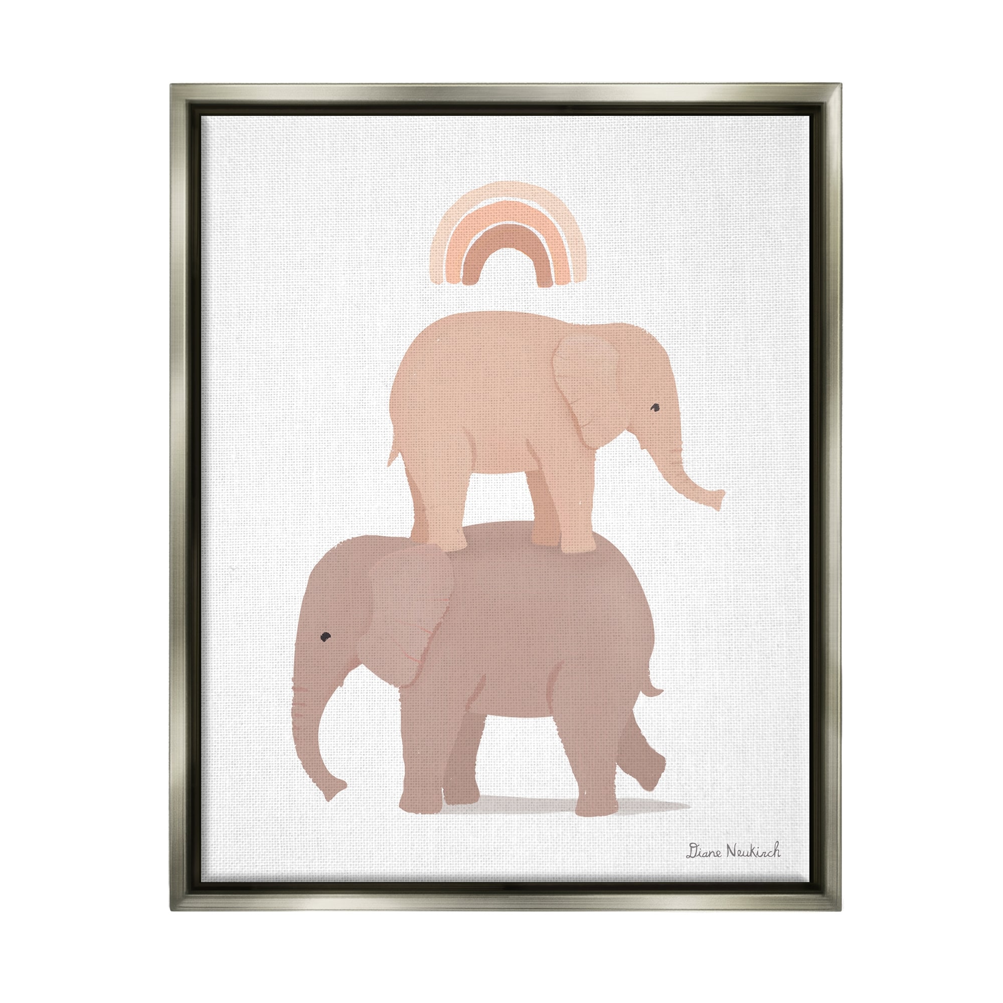 Stupell Industries Two Elephants Standing Under Rainbow Neutral Tones Graphic Art Luster Gray Floating Framed Canvas Print Wall Art, Design by Diane Neukirch