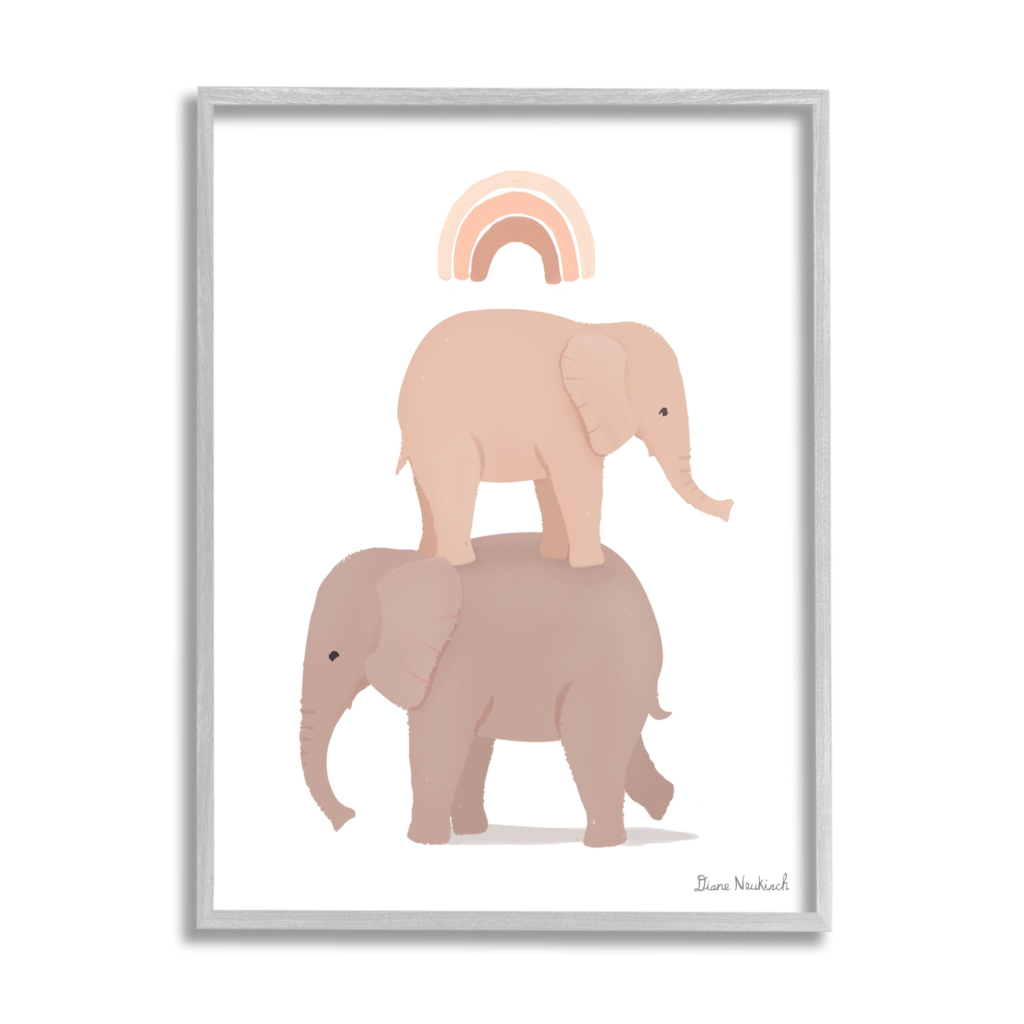 Stupell Industries Two Elephants Standing Under Rainbow Neutral Tones Graphic Art Gray Framed Art Print Wall Art, Design by Diane Neukirch