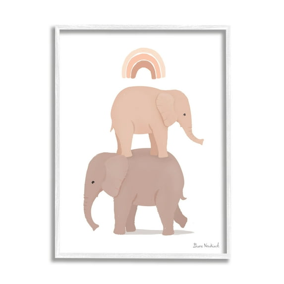 Stupell Industries Two Elephants Standing Under Rainbow Neutral Tones Graphic Art White Framed Art Print Wall Art, Design by Diane Neukirch