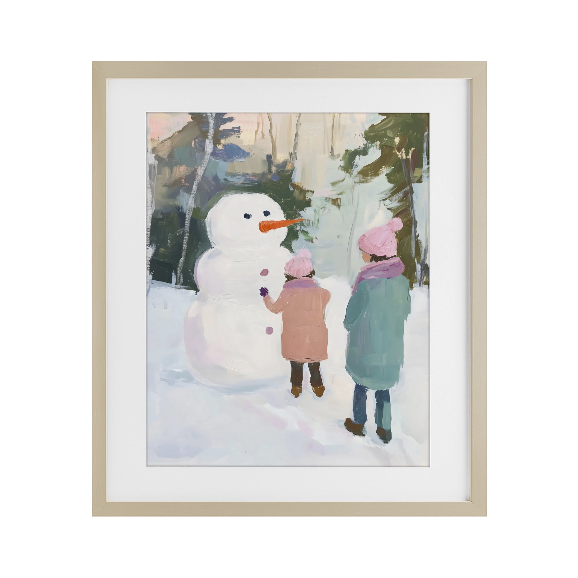Stupell Industries Two Girls With Snowman Birch Framed Print Under Glass, design by The Prints Vibe