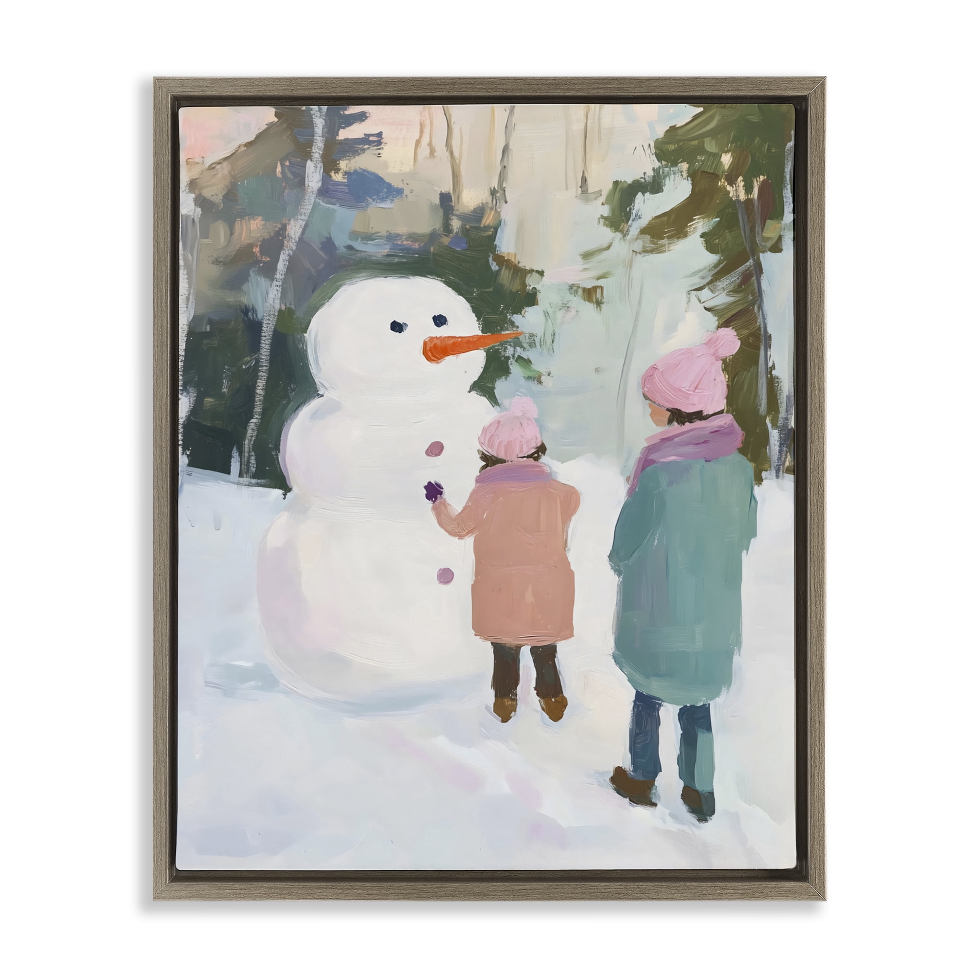 Stupell Industries Two Girls With Snowman Brown Framed Floater Canvas Wall Art, design by The Prints Vibe