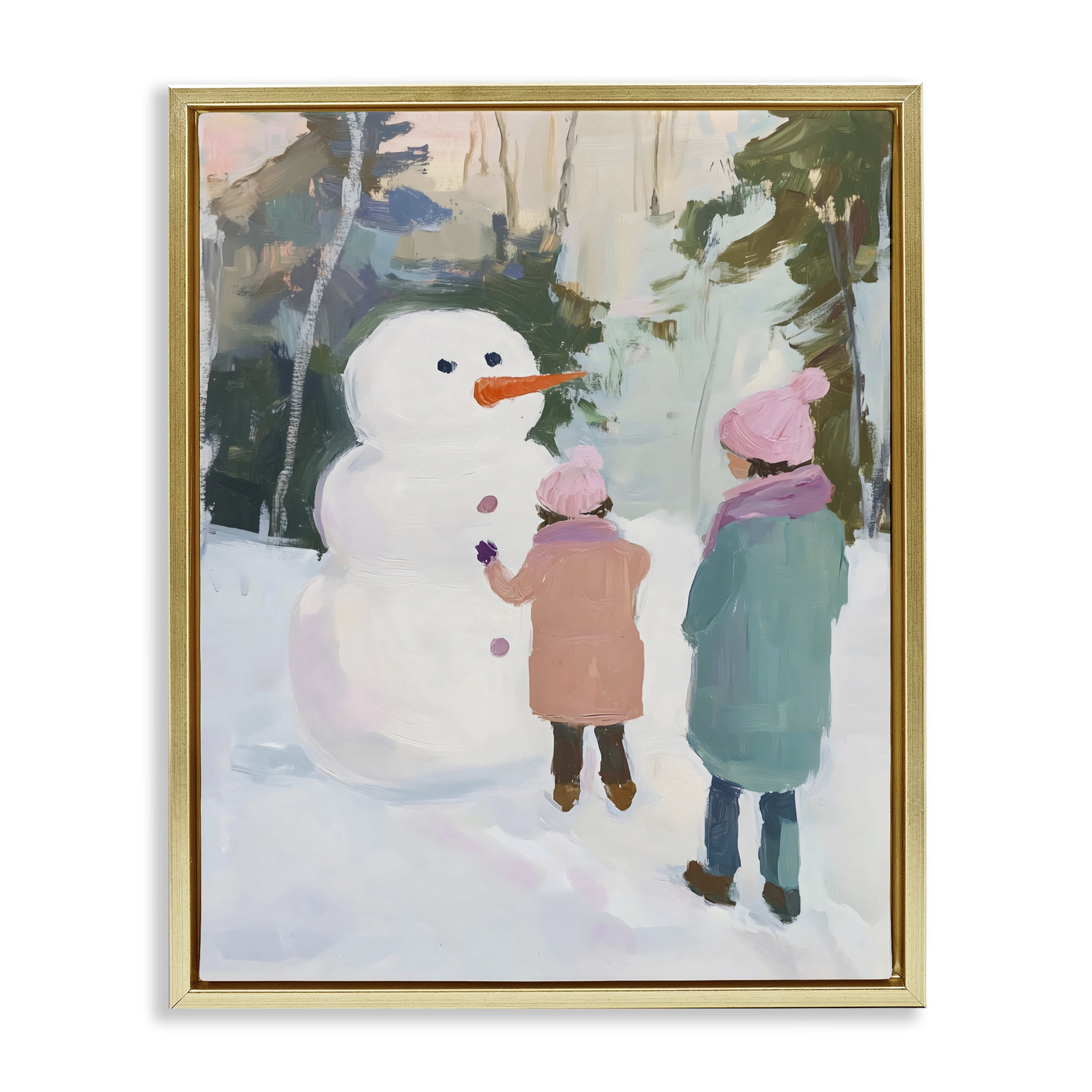 Stupell Industries Two Girls With Snowman Gold Framed Floater Canvas Wall Art, design by The Prints Vibe