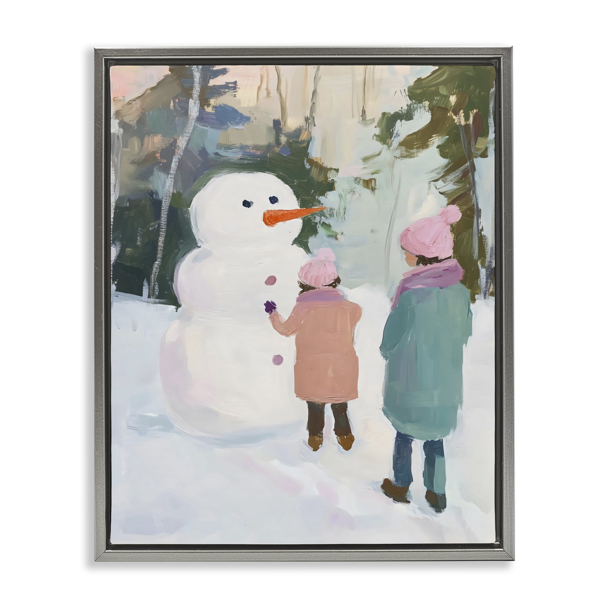 Stupell Industries Two Girls With Snowman Gray Framed Floater Canvas Wall Art, design by The Prints Vibe