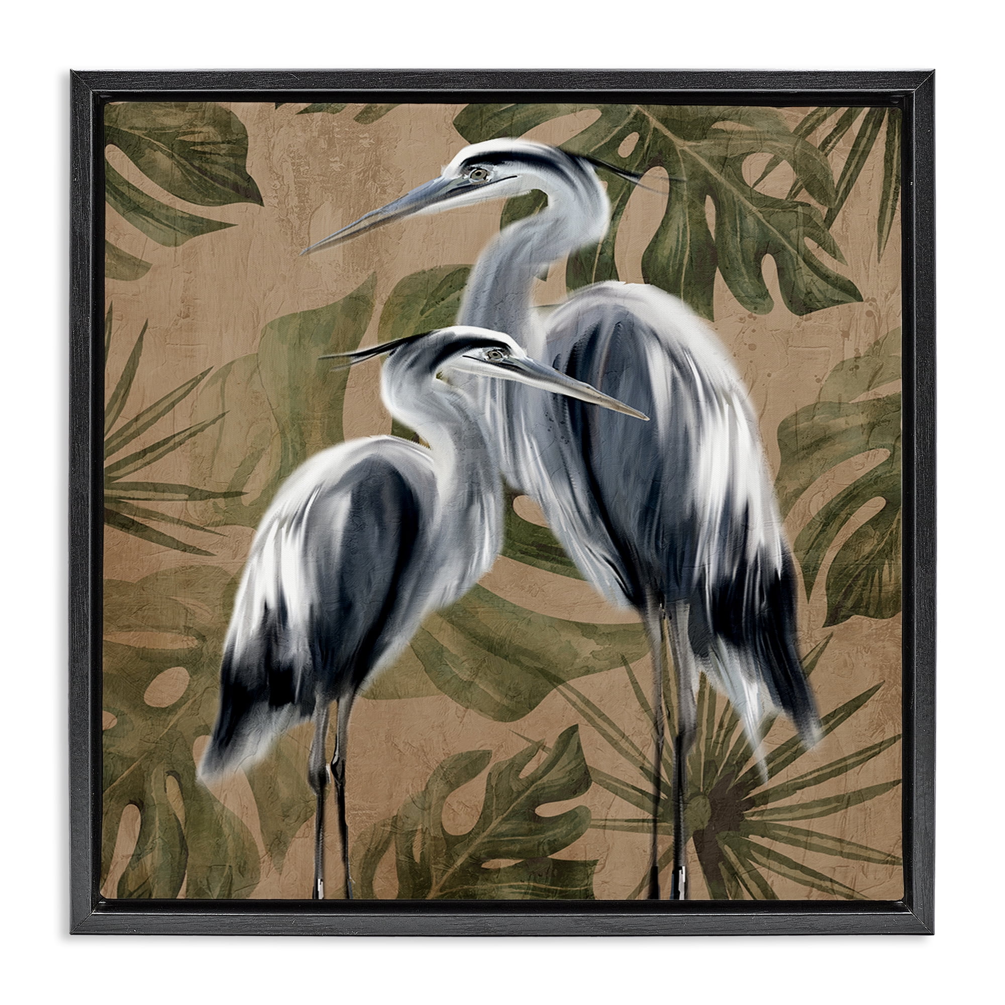 Stupell Industries Two Herons over Tropical Leaves Black Framed Floater Canvas Wall Art, design by Kim Allen