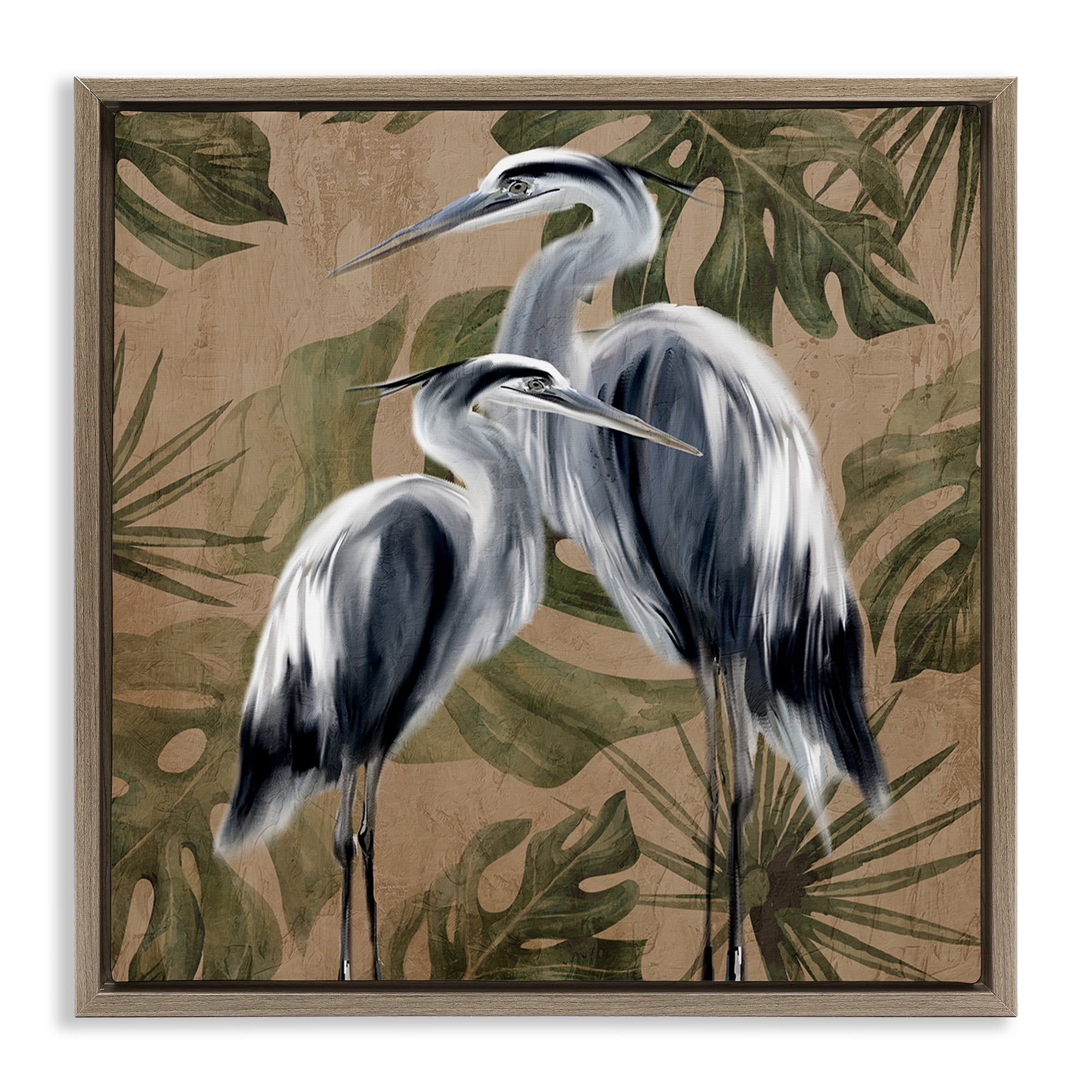 Stupell Industries Two Herons over Tropical Leaves Brown Framed Floater Canvas Wall Art, design by Kim Allen