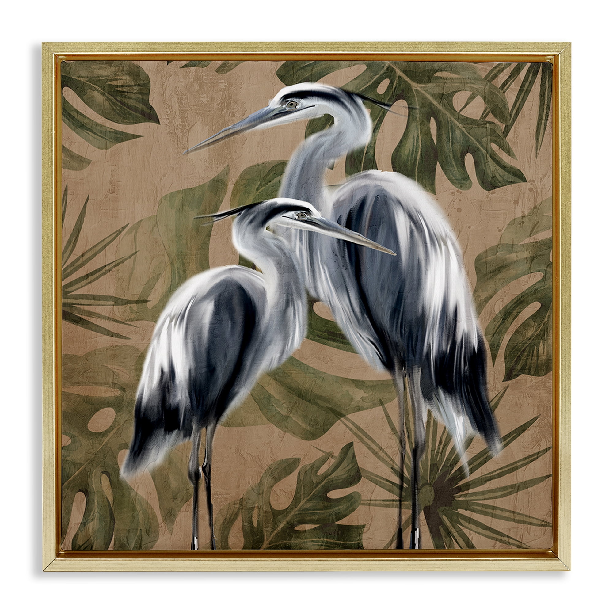 Stupell Industries Two Herons over Tropical Leaves Gold Framed Floater Canvas Wall Art, design by Kim Allen