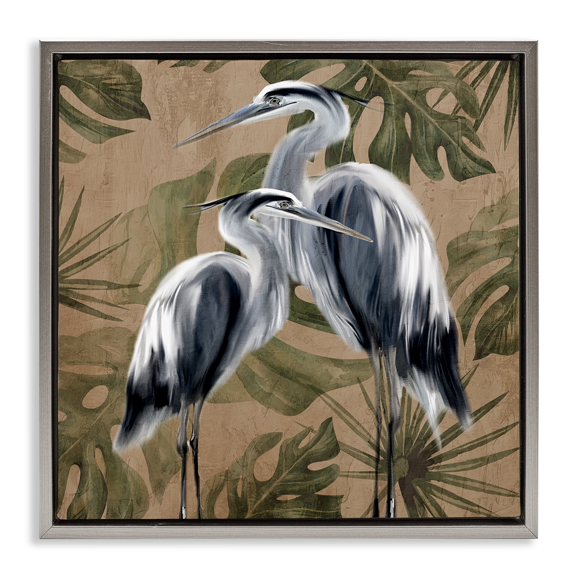 Stupell Industries Two Herons over Tropical Leaves Gray Framed Floater Canvas Wall Art, design by Kim Allen