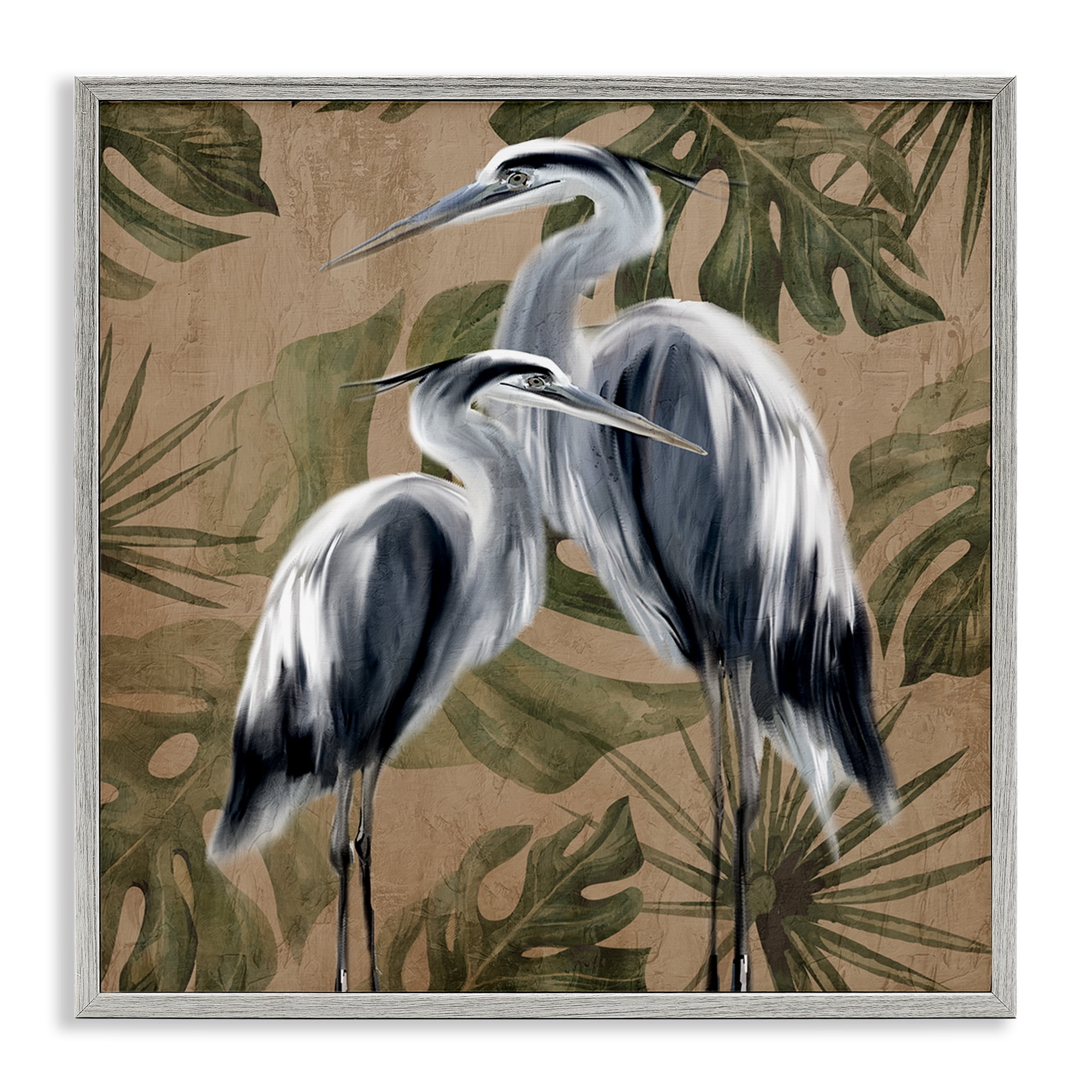 Stupell Industries Two Herons over Tropical Leaves Gray Framed Giclee Art, design by Kim Allen