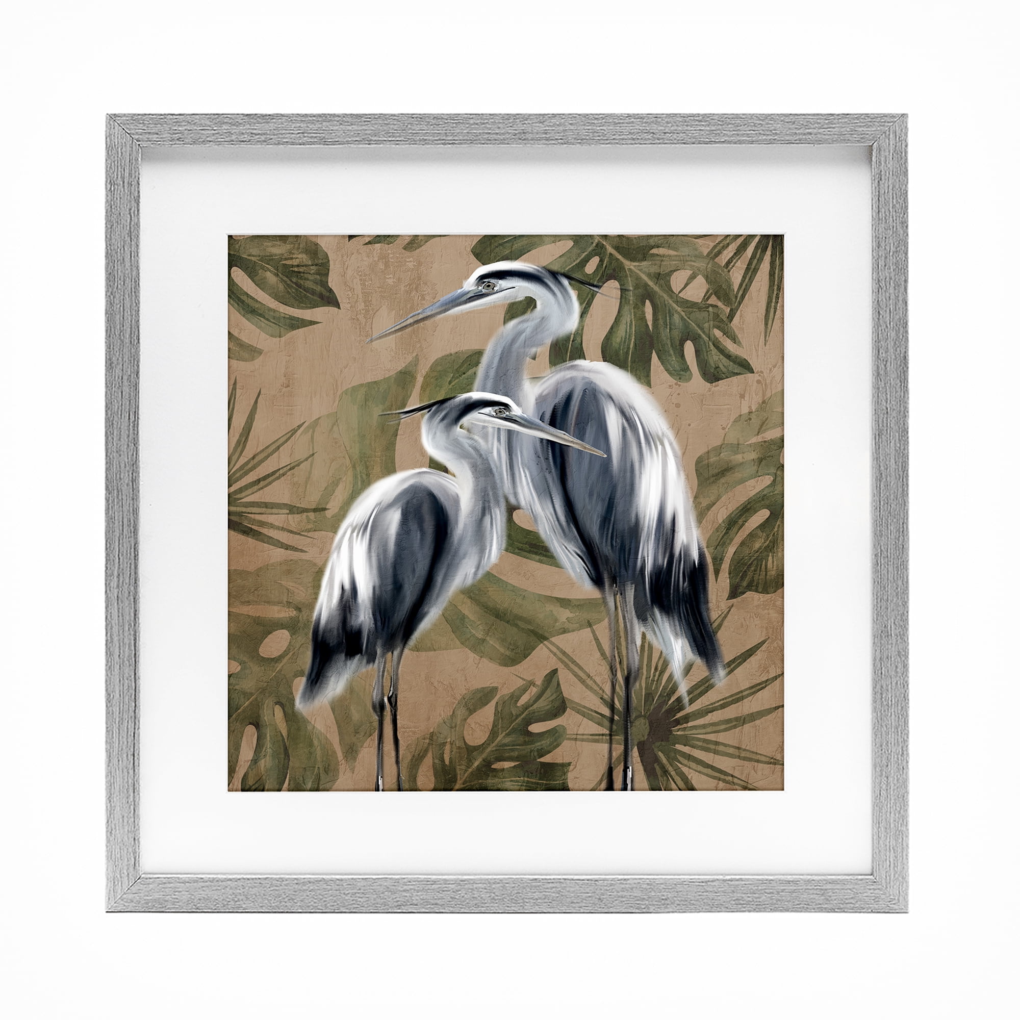 Stupell Industries Two Herons over Tropical Leaves Gray Framed Print Under Glass, design by Kim Allen