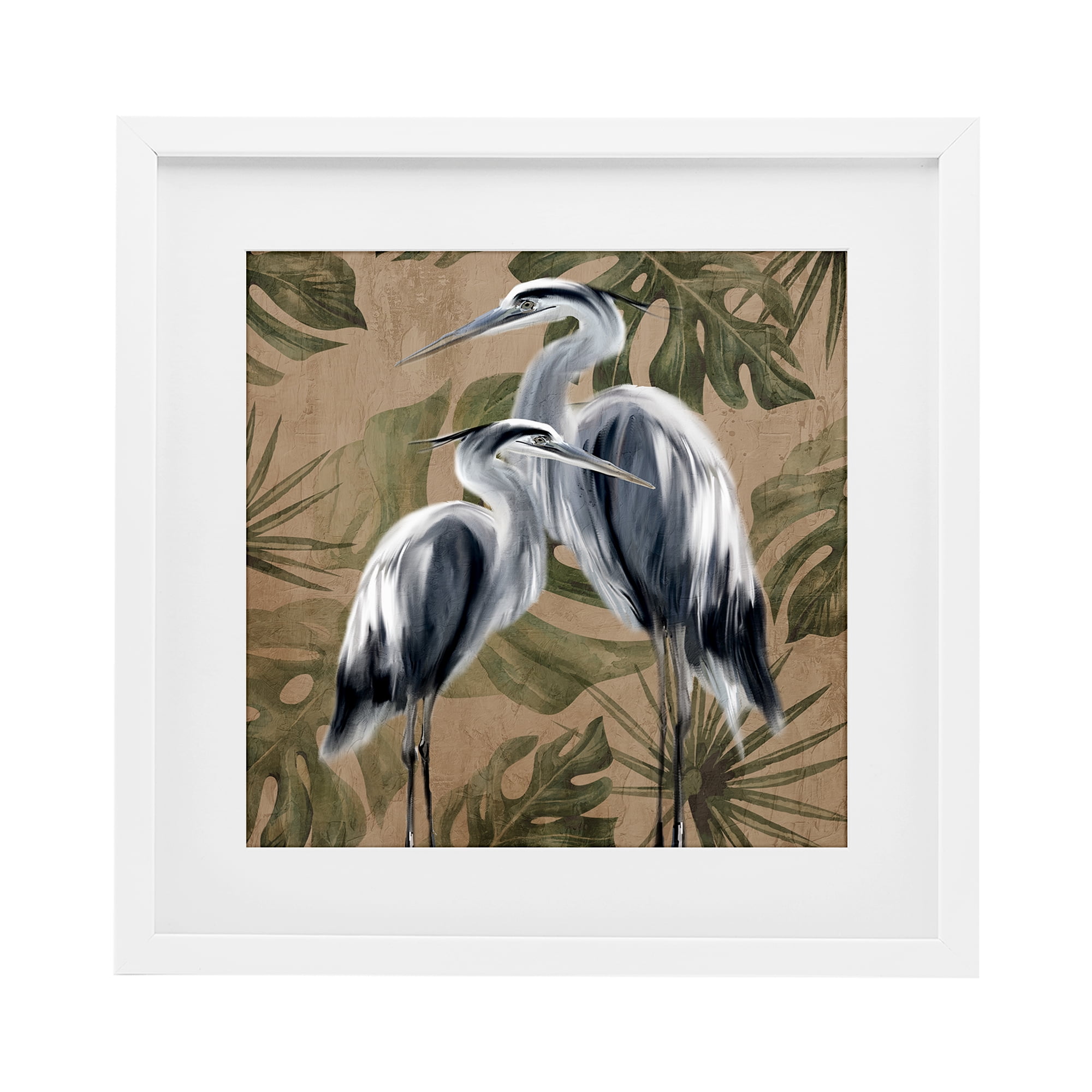 Stupell Industries Two Herons over Tropical Leaves White Framed Print Under Glass, design by Kim Allen