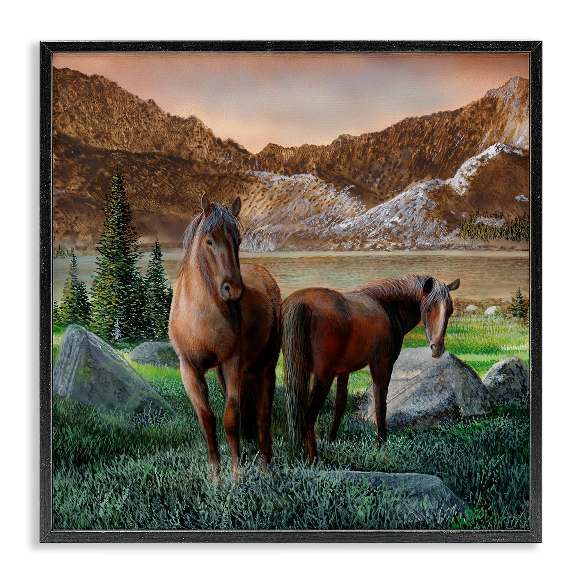 Stupell Industries Two Horses by Mountain Landscape & Nature Painting Black Framed Art Print Wall Art, 24 x 24