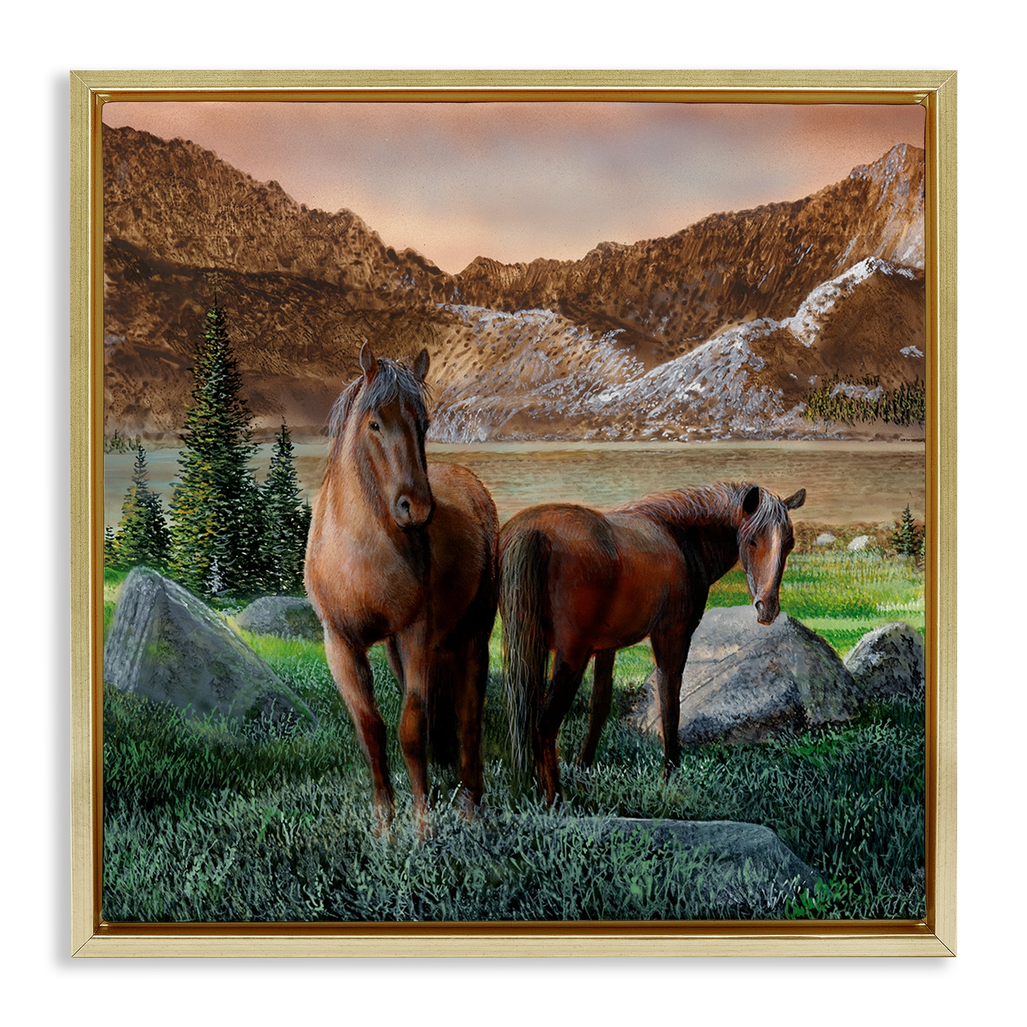 Stupell Industries Two Horses by Mountain Landscape & Nature Painting Gold Floater Framed Canvas Art Print Wall Art, 25 x 25