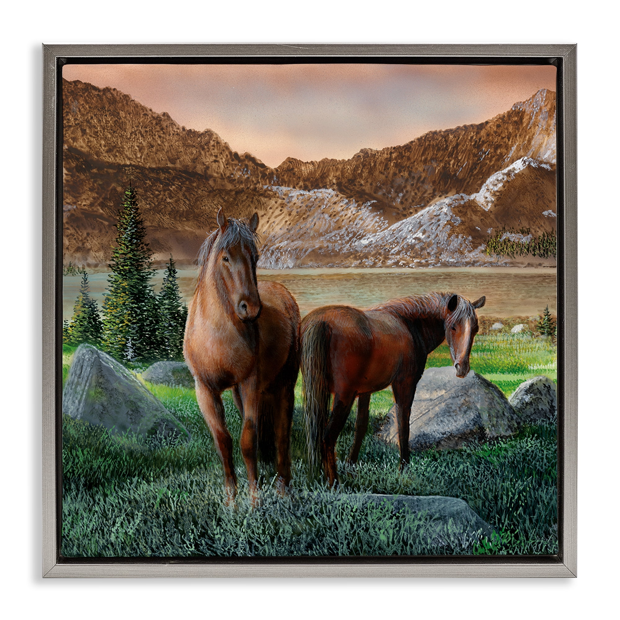 Stupell Industries Two Horses by Mountain Landscape & Nature Painting Gray Floater Framed Canvas Art Print Wall Art, 18 x 18