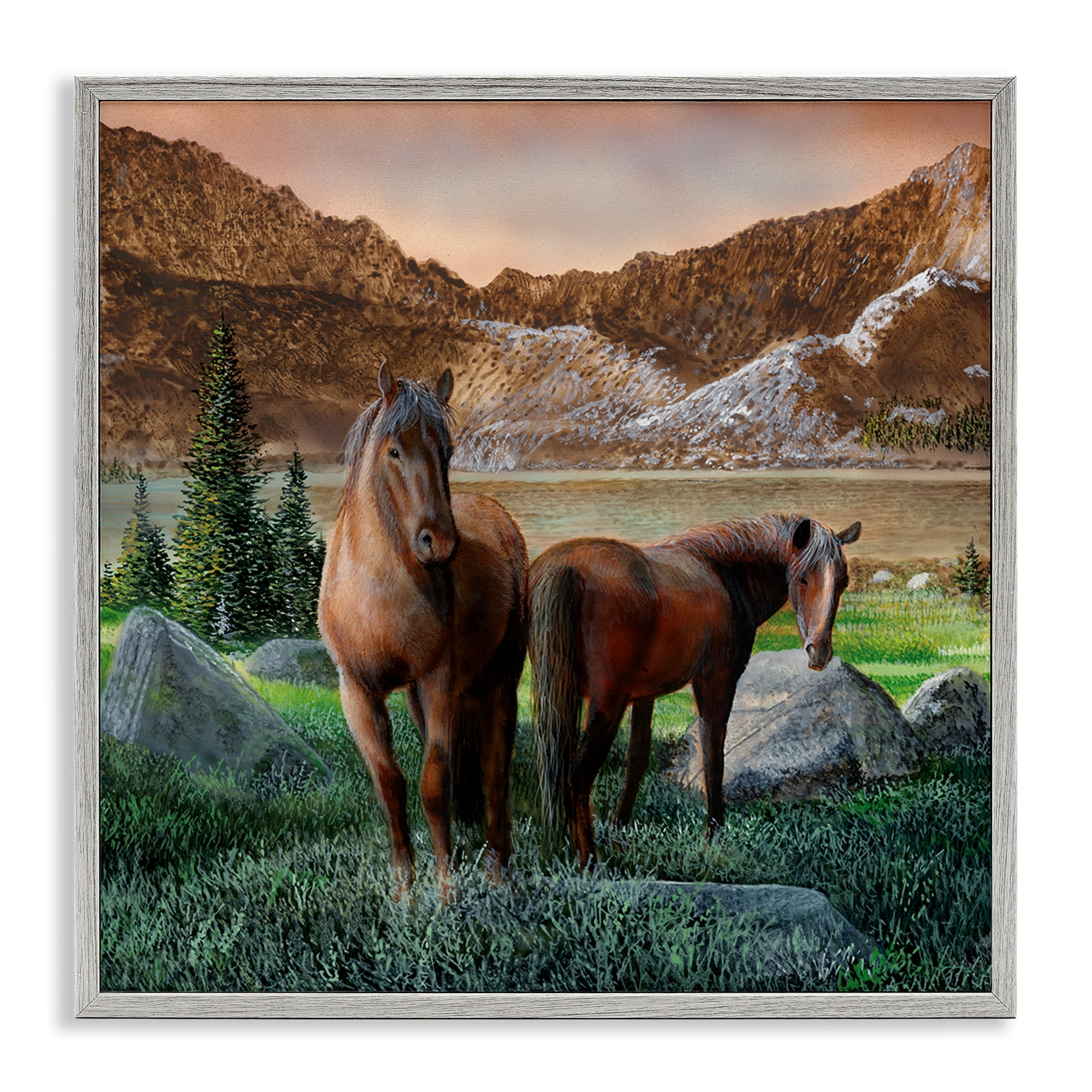 Stupell Industries Two Horses by Mountain Landscape & Nature Painting Gray Framed Art Print Wall Art, 24 x 24