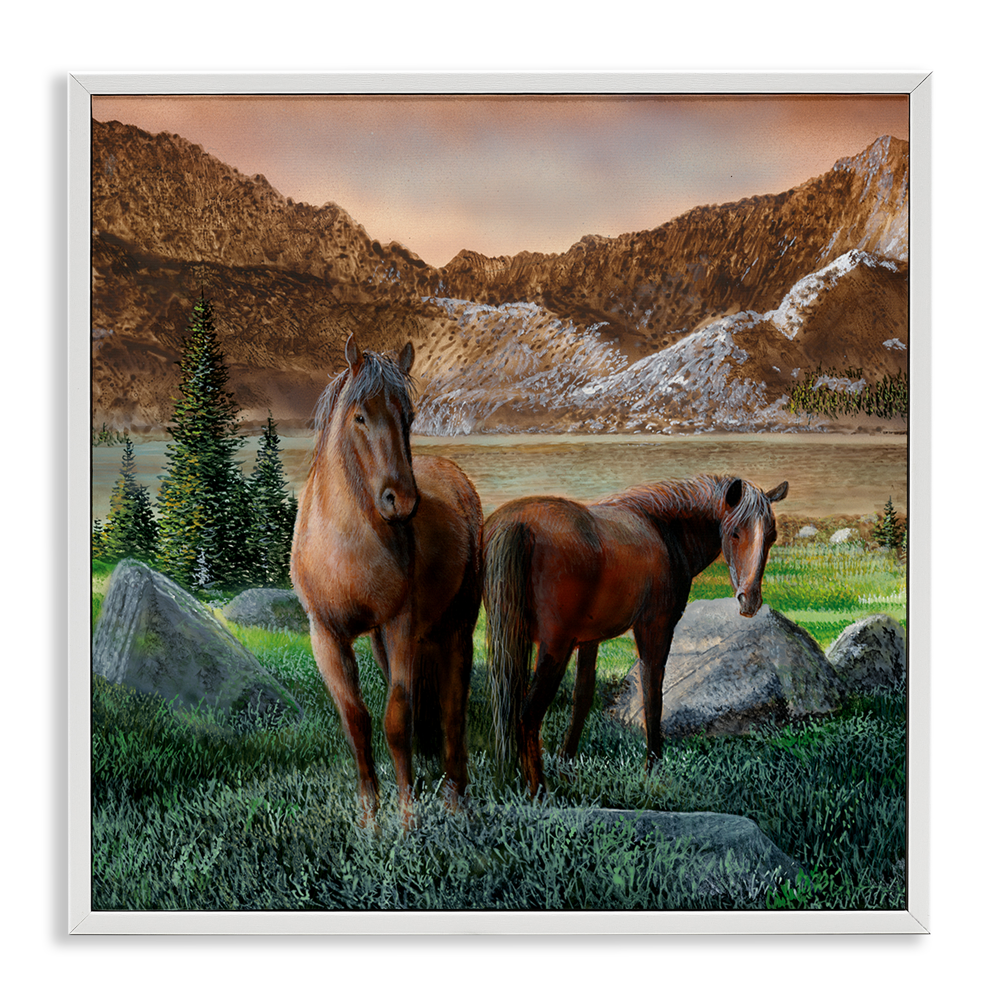 Stupell Industries Two Horses by Mountain Landscape & Nature Painting White Framed Art Print Wall Art, 17 x 17