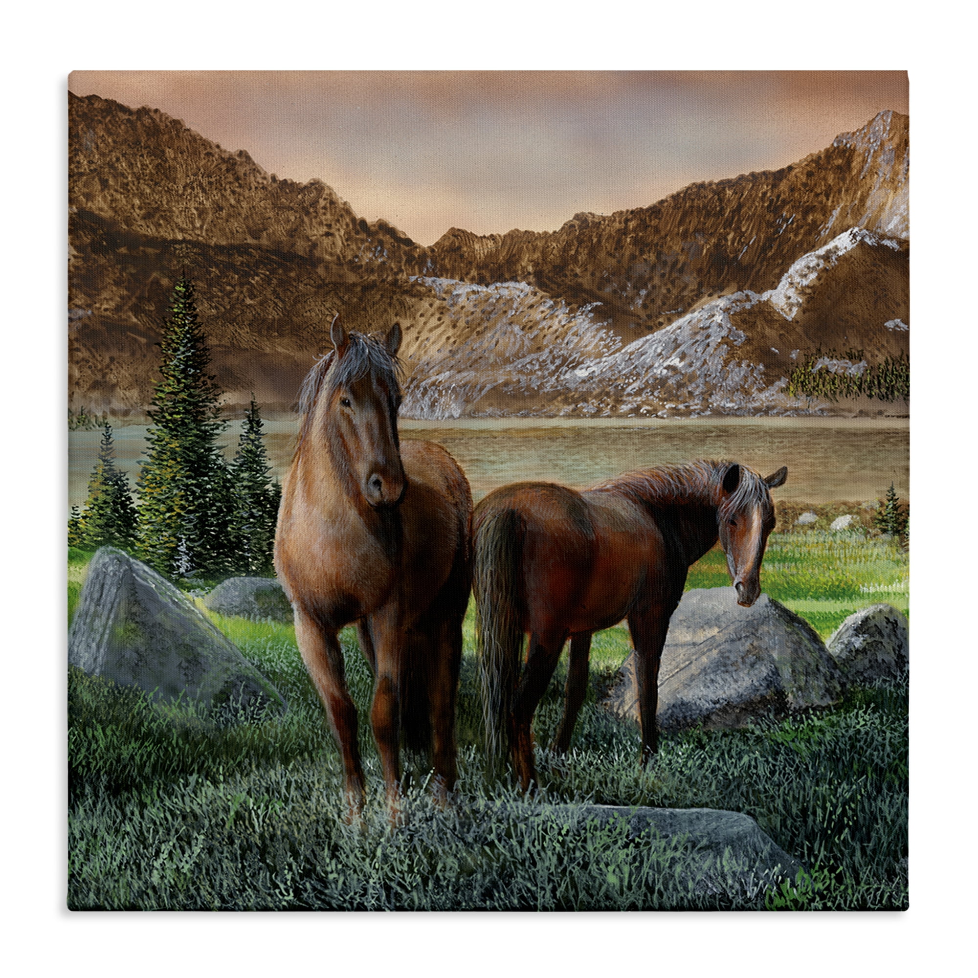 Stupell Industries Two Horses by Mountain Landscape & Nature Painting Wrapped Canvas Art Print Wall Art, 17 x 17