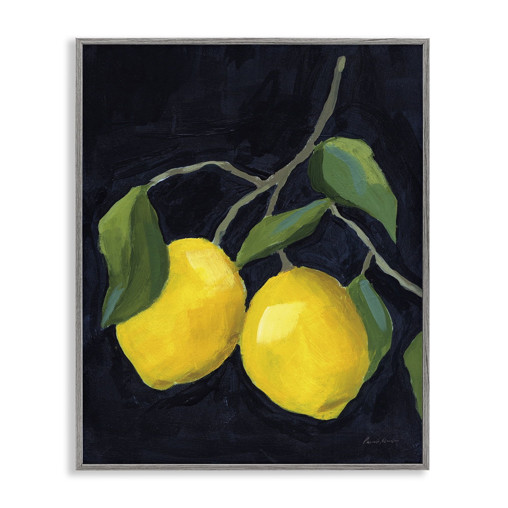 Gray Framed Canvas Print with Lemons on Black Background, 11 x 14