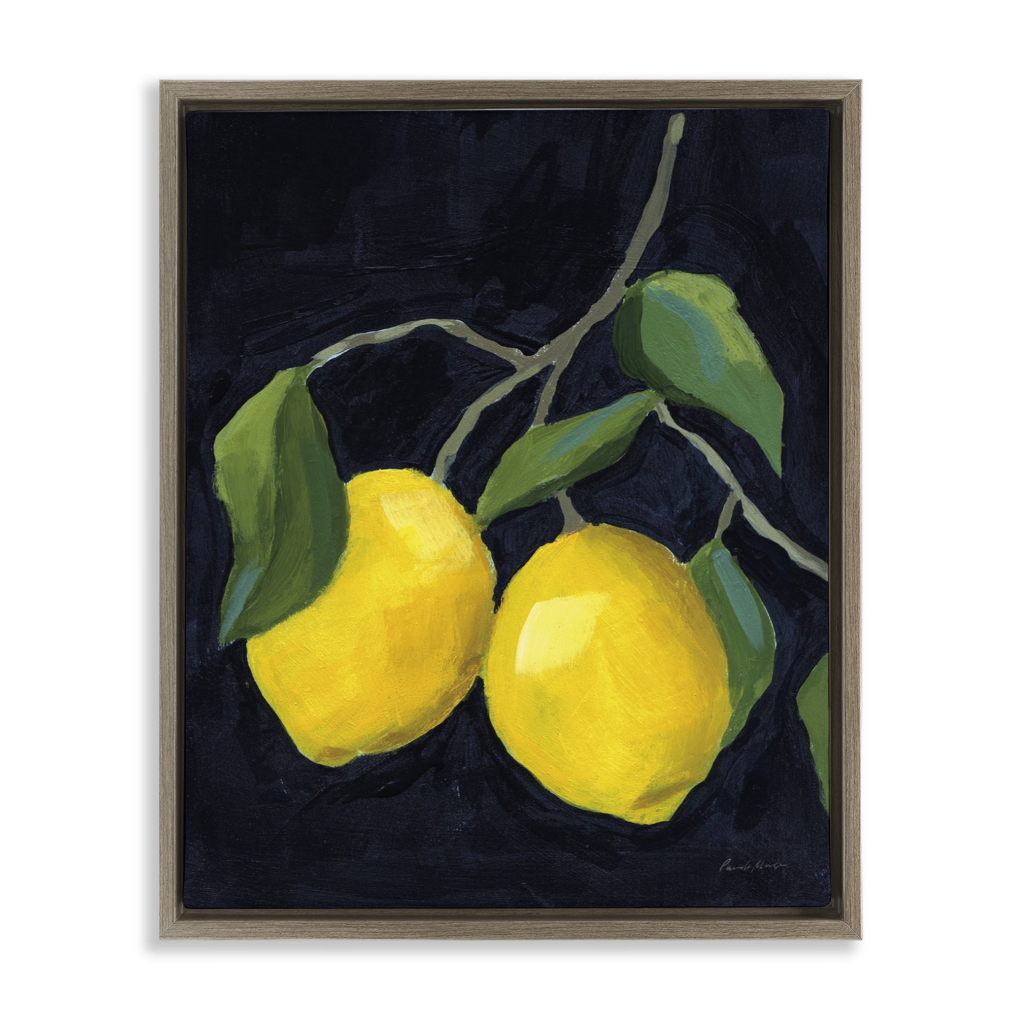 Stupell Industries Two Lush Lemons Food & Beverage Painting Brown Floater Framed Canvas Art Print Wall Art, 17 x 21
