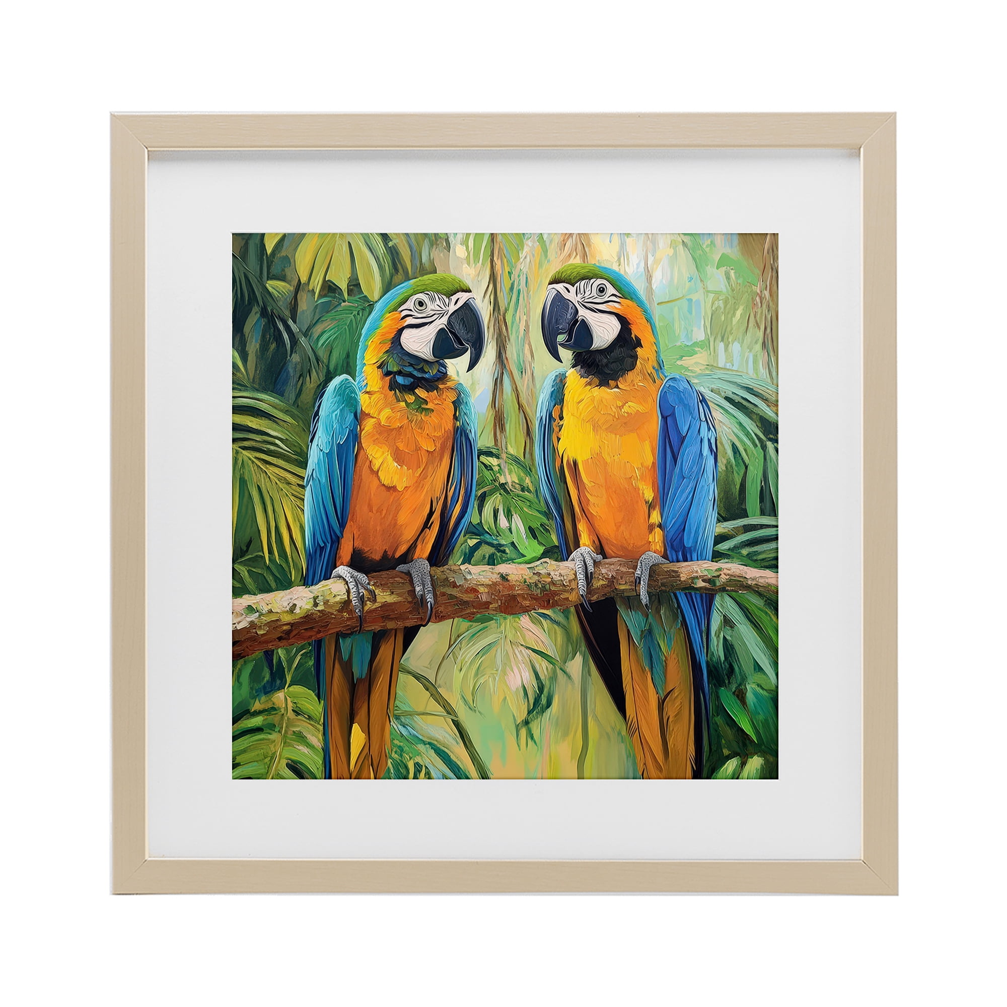 Stupell Industries Two Macaws Among Foliage Birch Framed Print Under Glass, design by Petal Prints Design